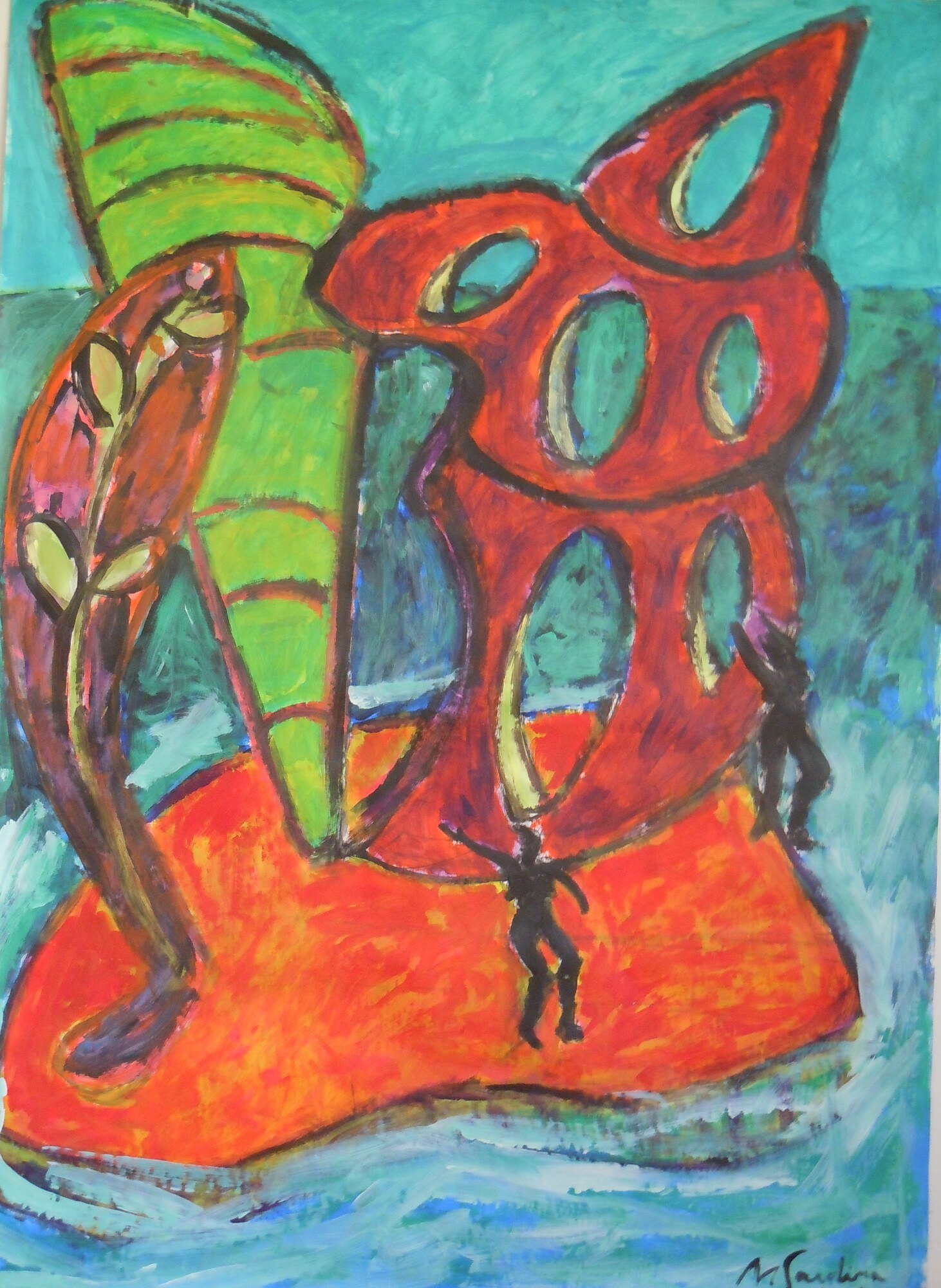 Forme rouge ajouree et feuille verte sur une ile orange, deux silhouettes noires, mer turquoise, peinture de Marc Sardina