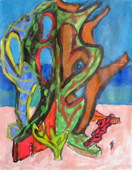 Formes ajourees vertes et orange sur une plage rose devant une mer bleue, peinture de Marc Sardina