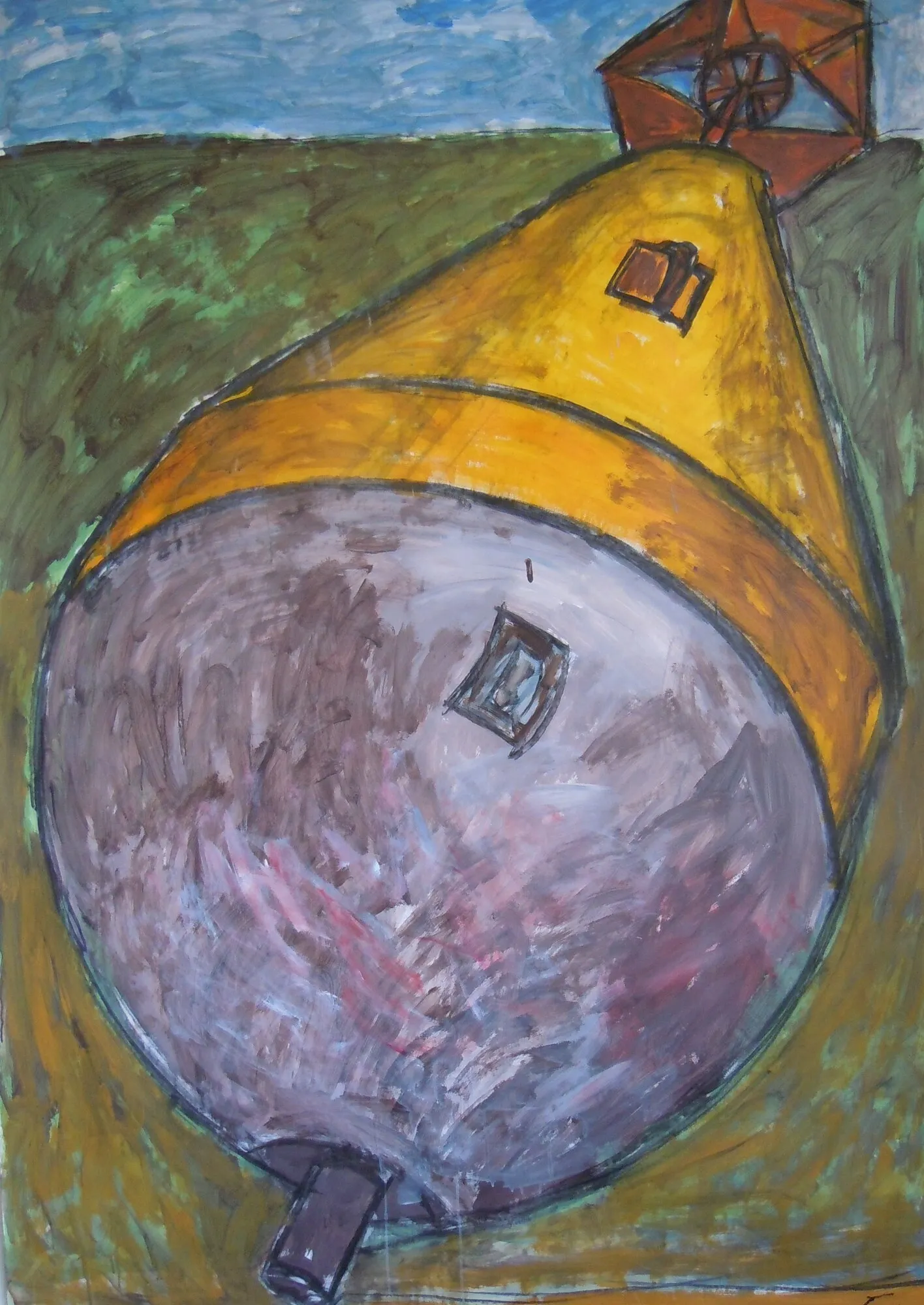 Balise jaune au flotteur gris rose couchee sur un pre vert, ciel bleu, peinture de Marc Sardina
