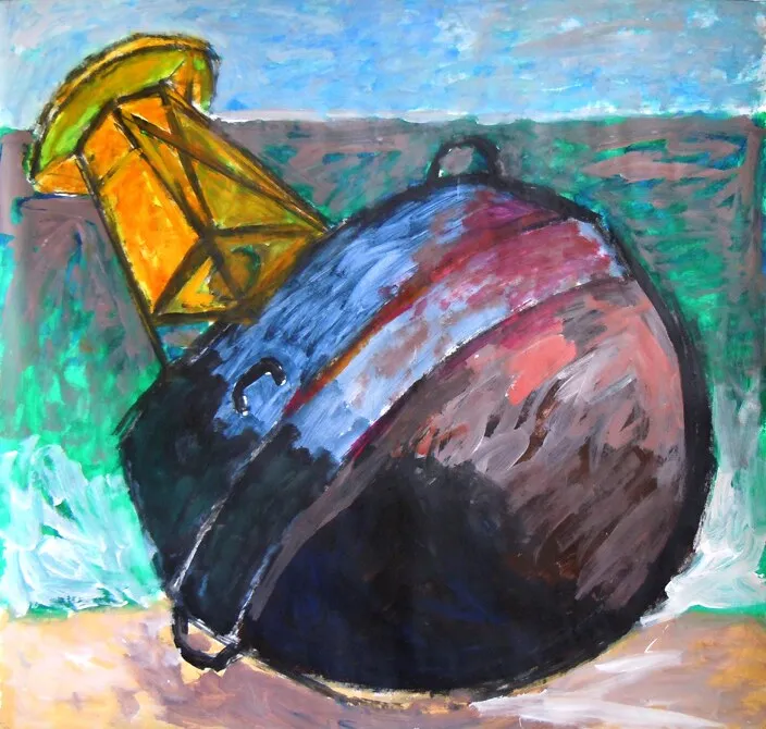 Bouee sombre a bande bleue et balise jaune echouees sur le sable, mer turquoise, peinture de Marc Sardina