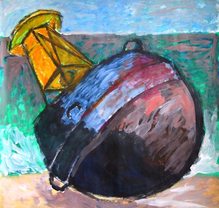 Bouee sombre a bande bleue et balise jaune echouees sur le sable, mer turquoise, peinture de Marc Sardina