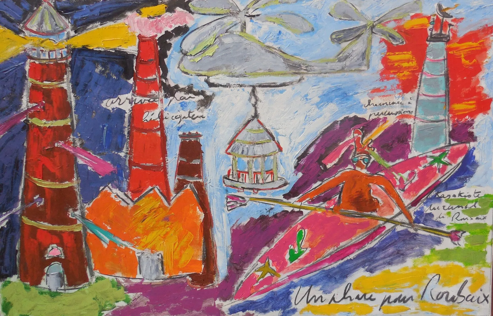 Helicoptere portant un phare au dessus de cheminees rouges de Roubaix, kayakiste sur canal violet, peinture de Marc Sardina