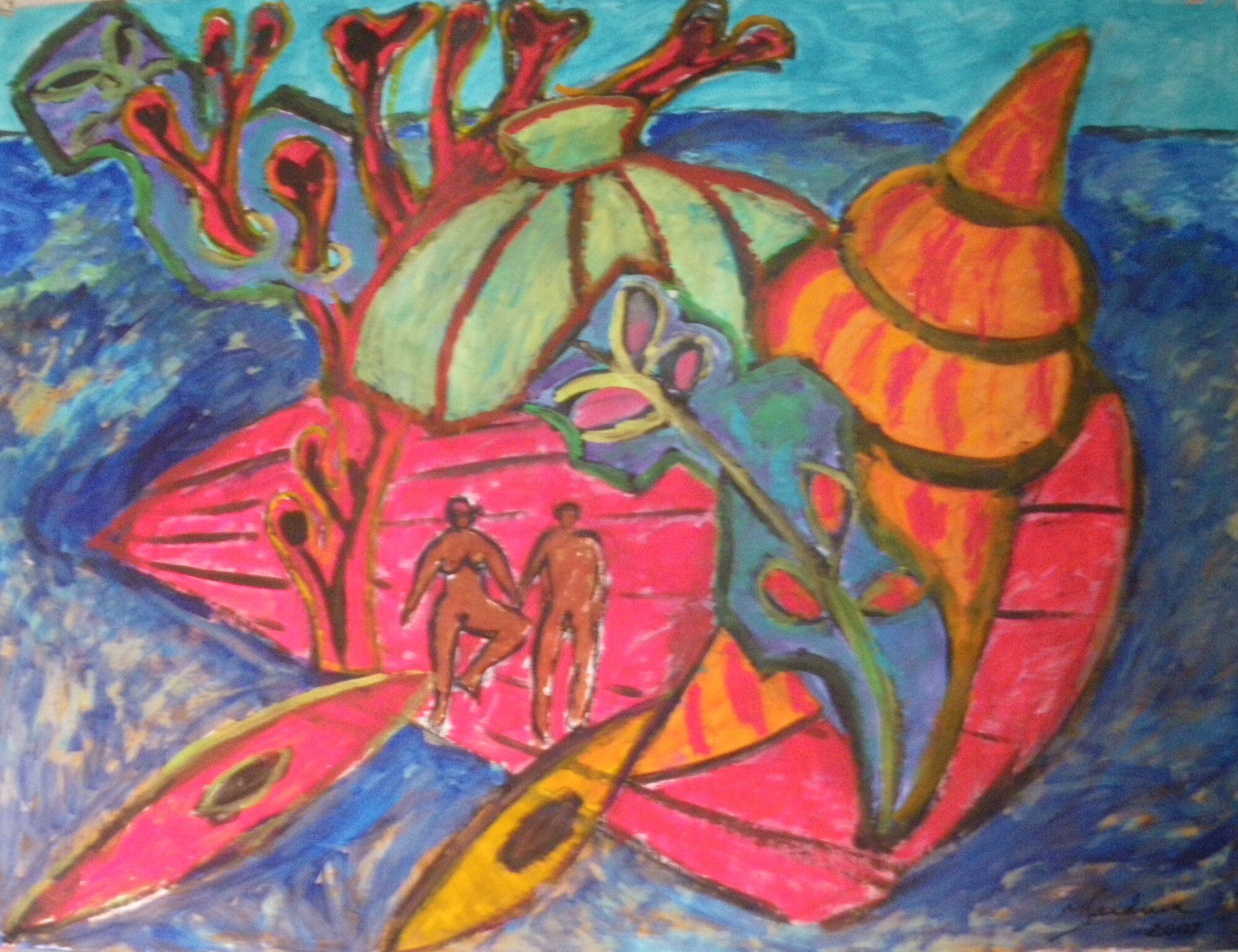 Couple nu sur une ile rose avec coquillage orange et coraux rouges, mer bleue et ciel turquoise, peinture de Marc Sardina