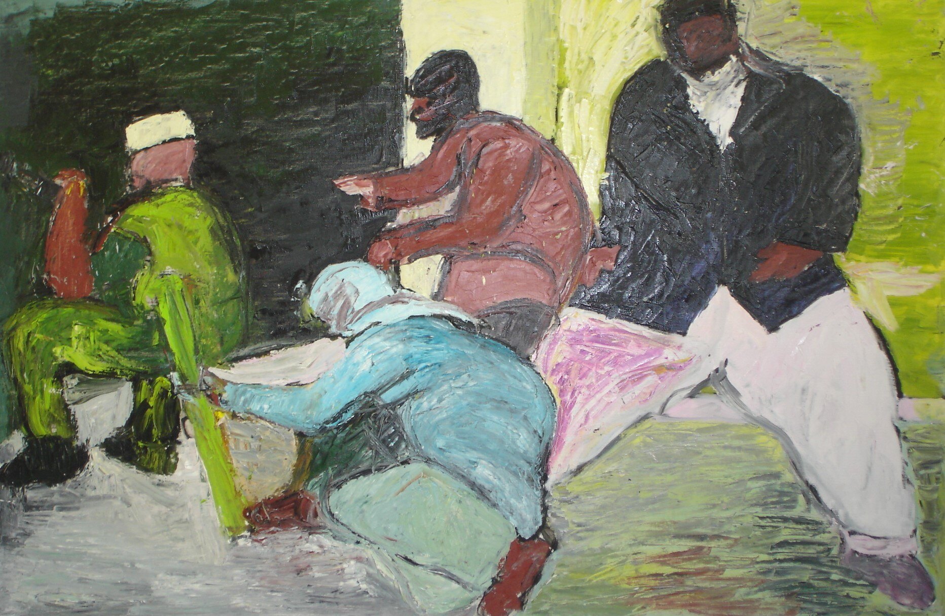 Soldat vert, homme en rouge soutenant un blesse en bleu et homme en veste noire, fond vert jaune, peinture de Marc Sardina