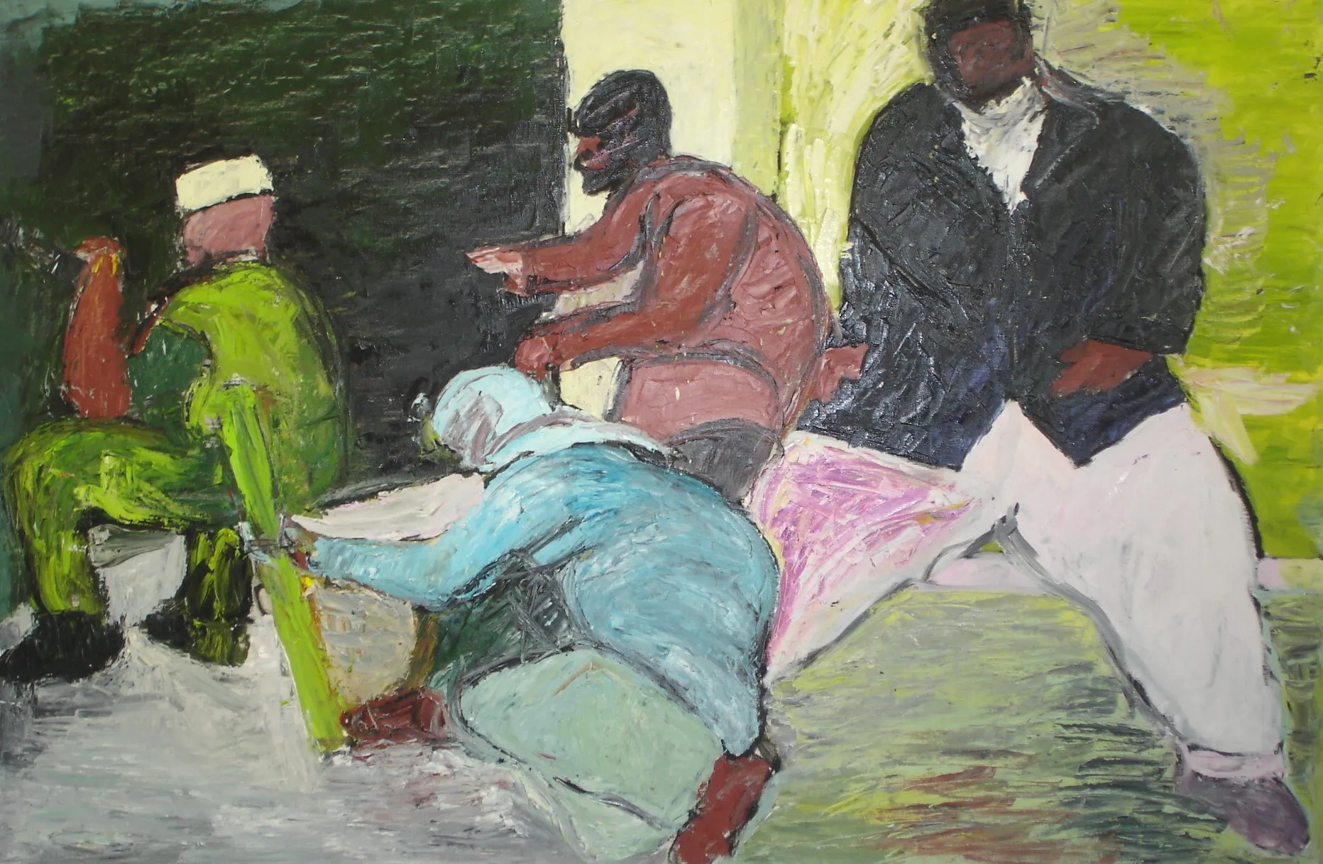 Soldat vert, homme en rouge soutenant un blesse en bleu et homme en veste noire, fond vert jaune, peinture de Marc Sardina
