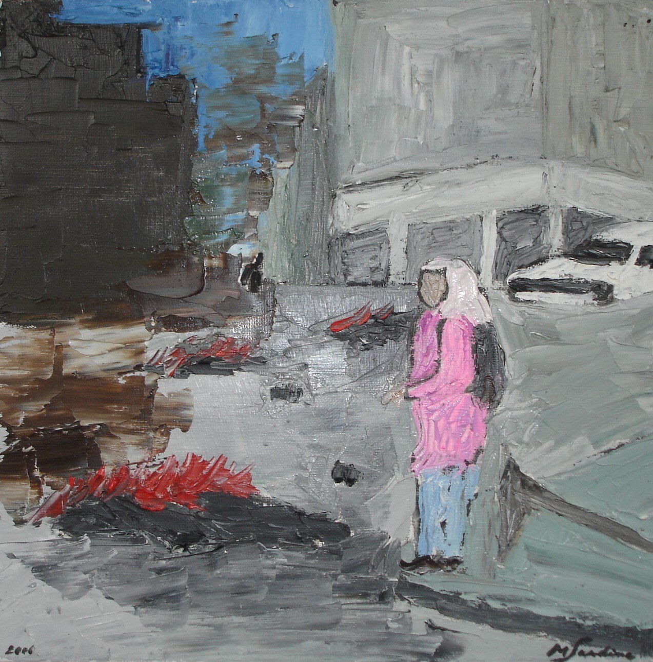 Femme en manteau rose et foulard blanc dans une rue grise devastee, flammes rouges au sol, coin de ciel bleu, peinture de Marc Sardina