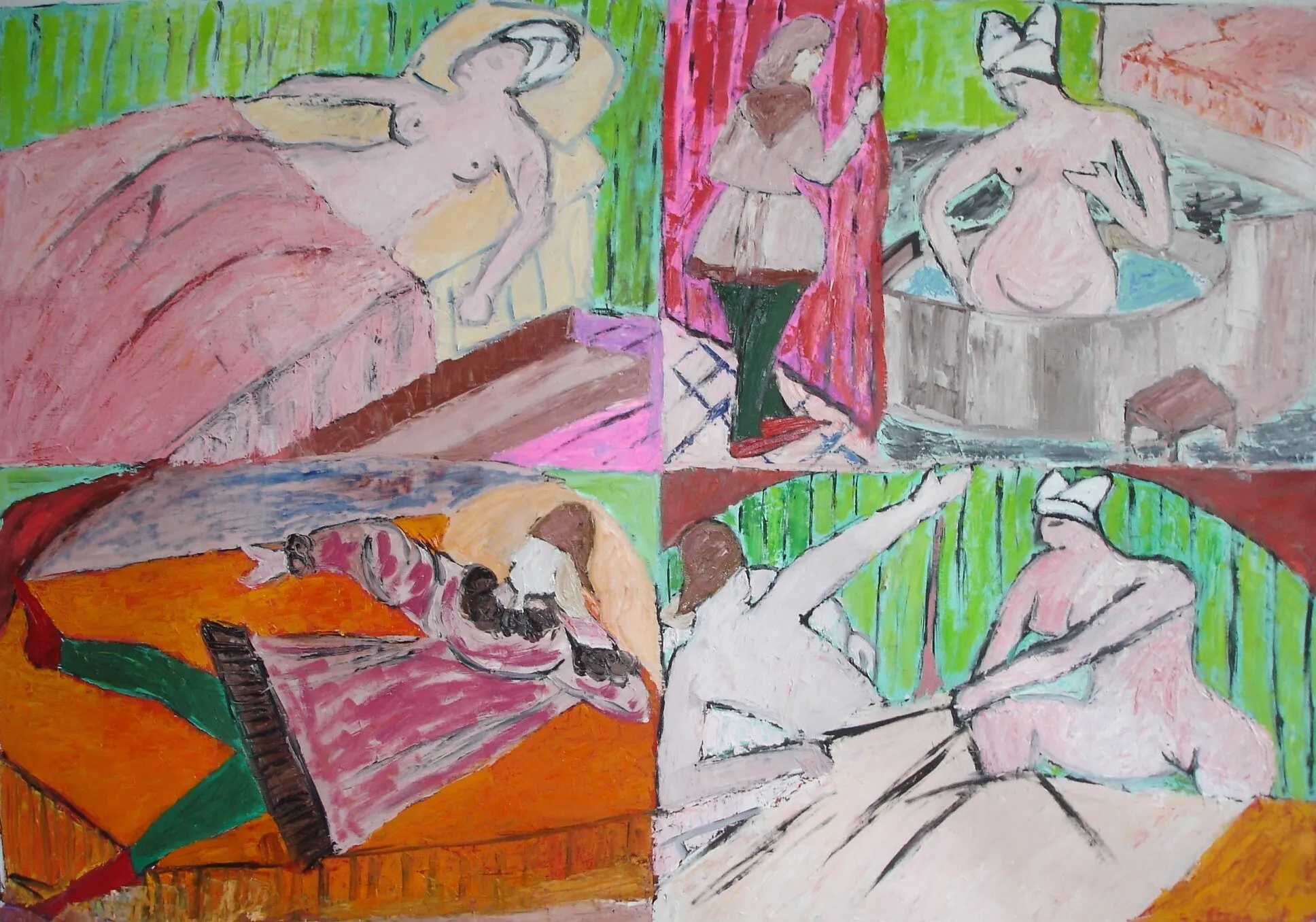 Quatre scenes de chambre medievale avec nus feminins, lits roses et orange sur fonds verts rayes, peinture de Marc Sardina