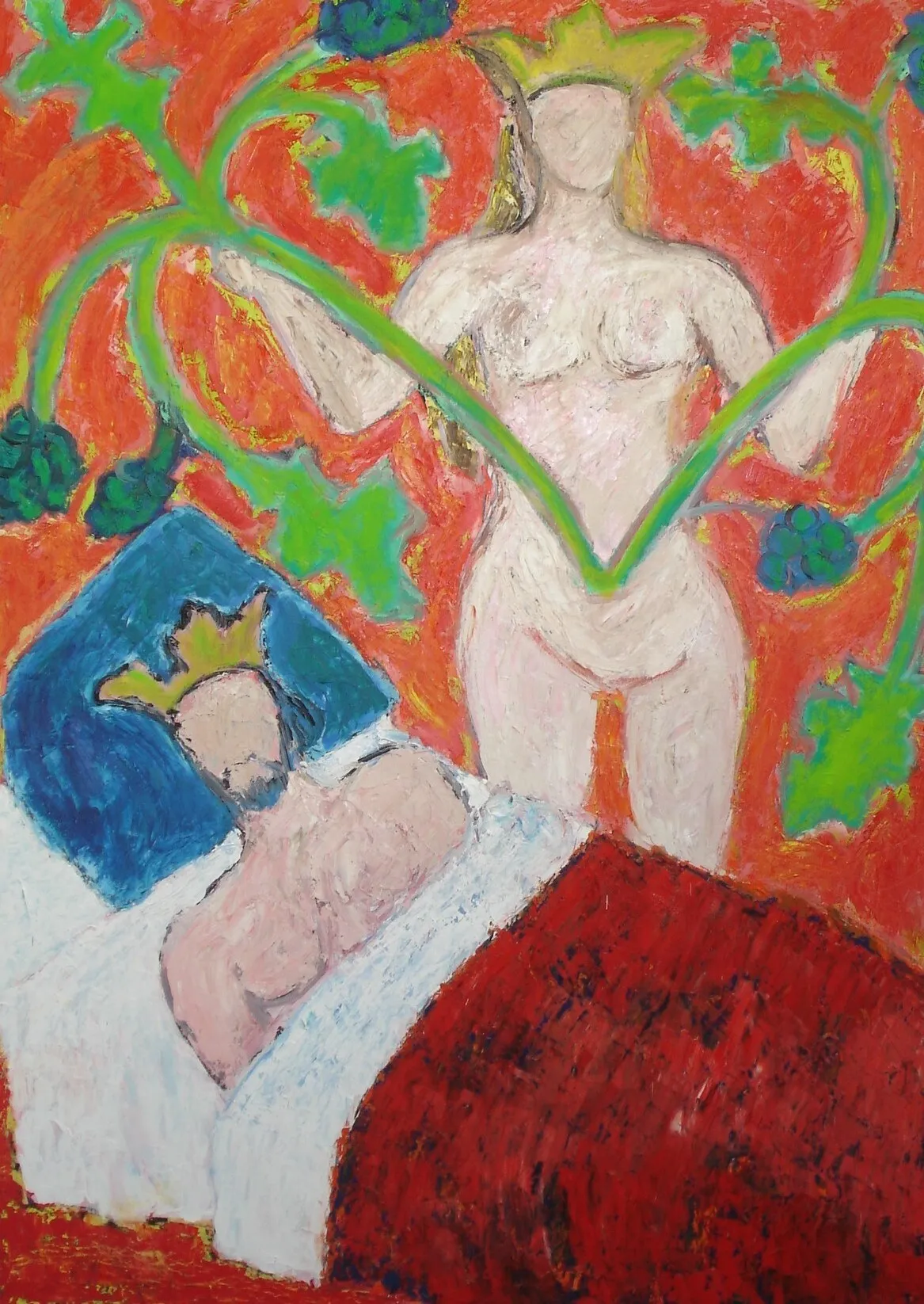 Reine nue couronnee debout et roi endormi au lit, fond orange, vigne verte et couverture rouge, peinture de Marc Sardina