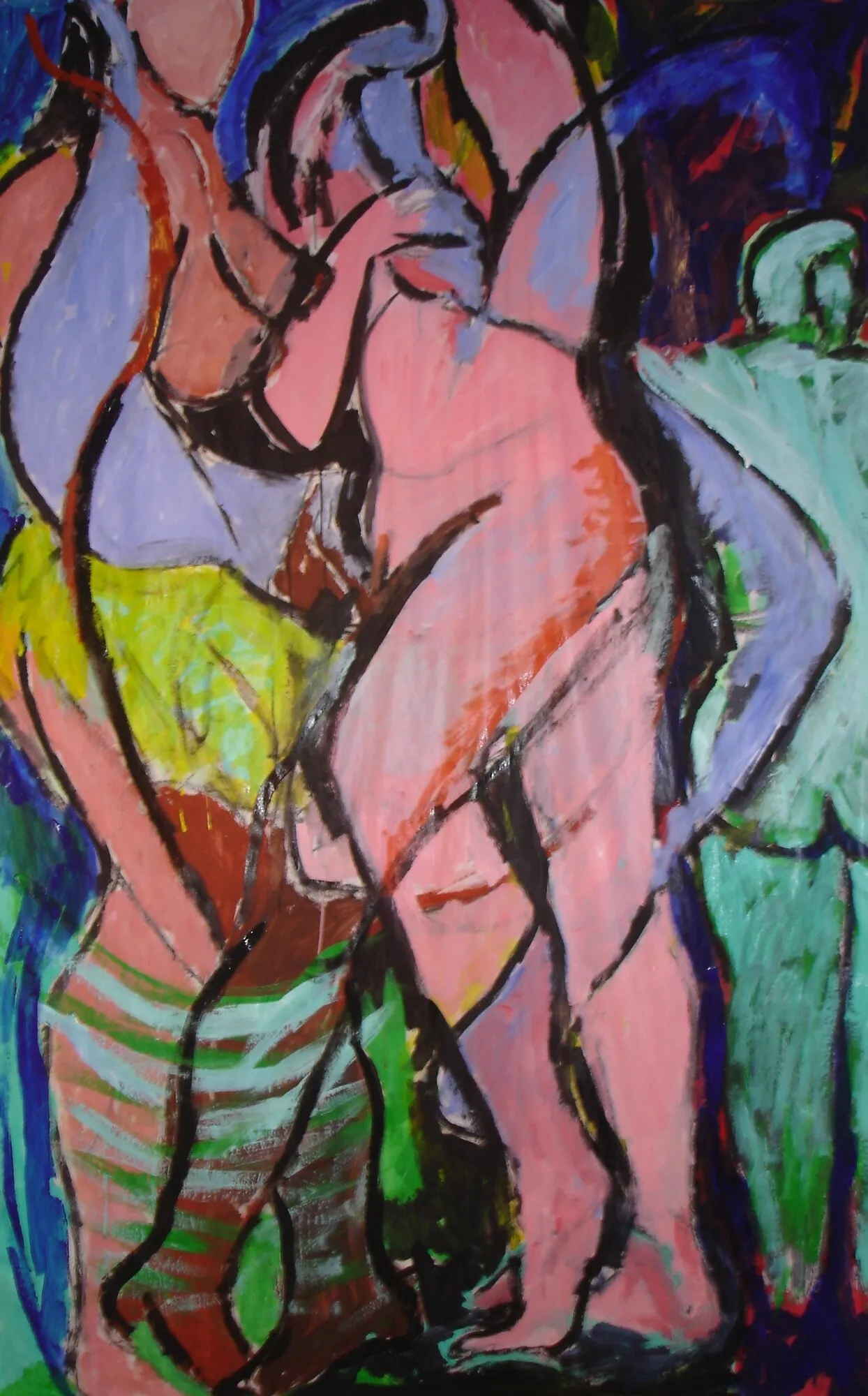 Couple enlace en rose et jaune raye avec une figure verte, fond bleu nuit, peinture de Marc Sardina