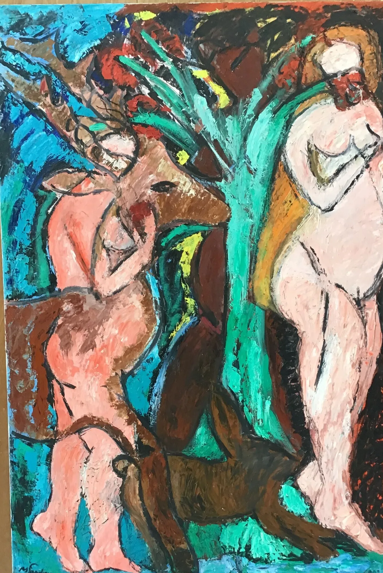 Deux nus feminins et une tete de cheval brun sous un arbre turquoise, fond bleu et vert, peinture de Marc Sardina