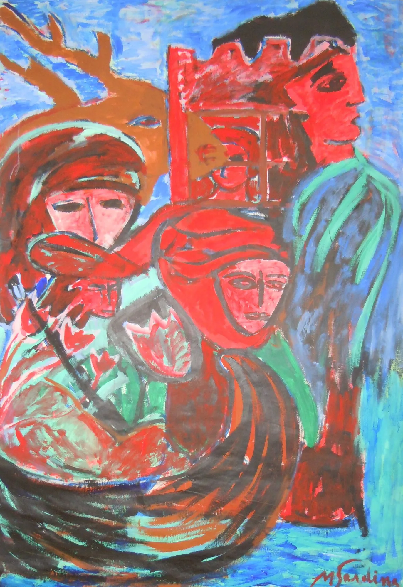 Chevaliers rouges en barque devant un chateau, homme vert de profil, fond bleu vif, peinture de Marc Sardina