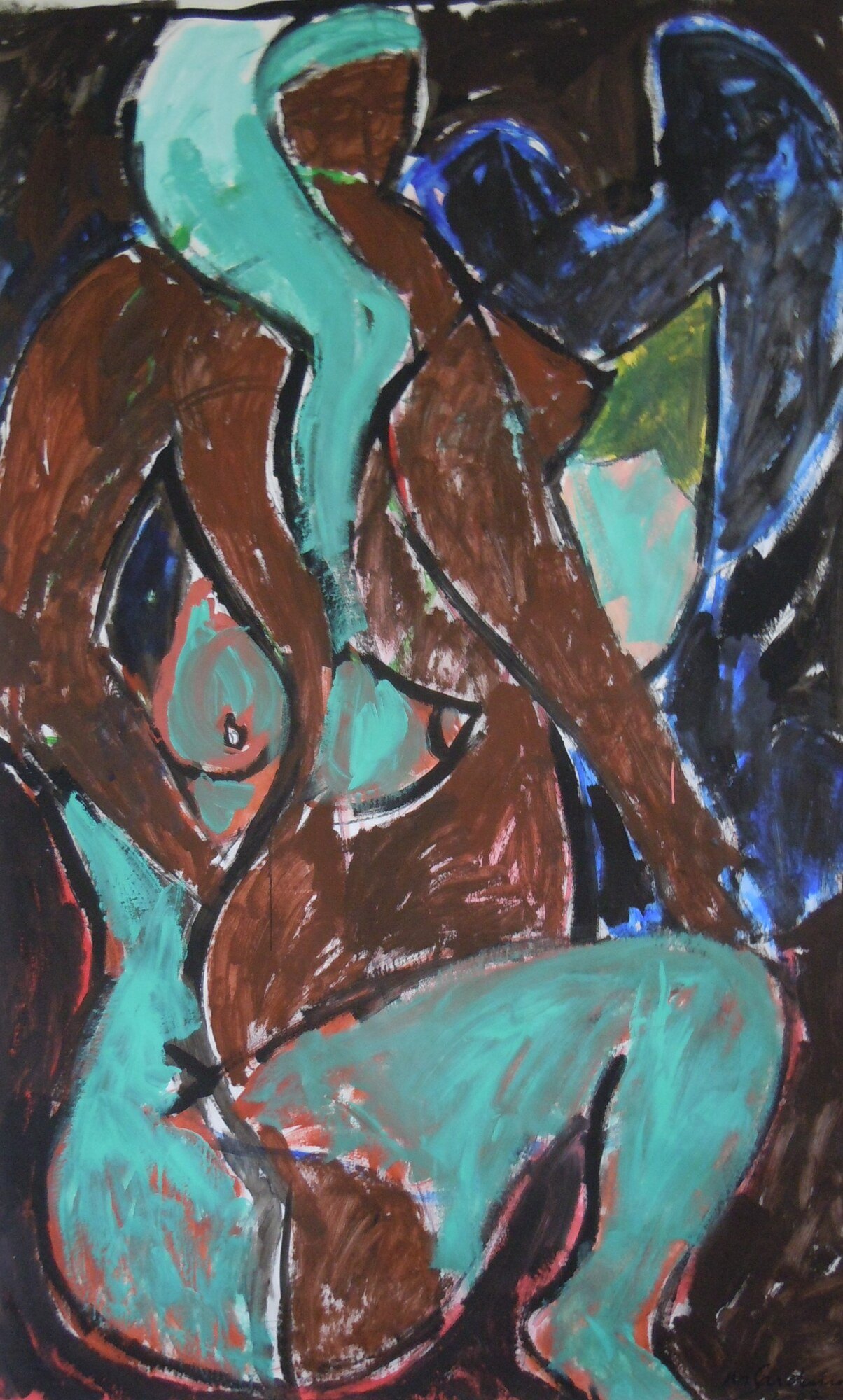 Nu feminin assis en brun et turquoise sur fond bleu nuit, contours noirs, peinture de Marc Sardina