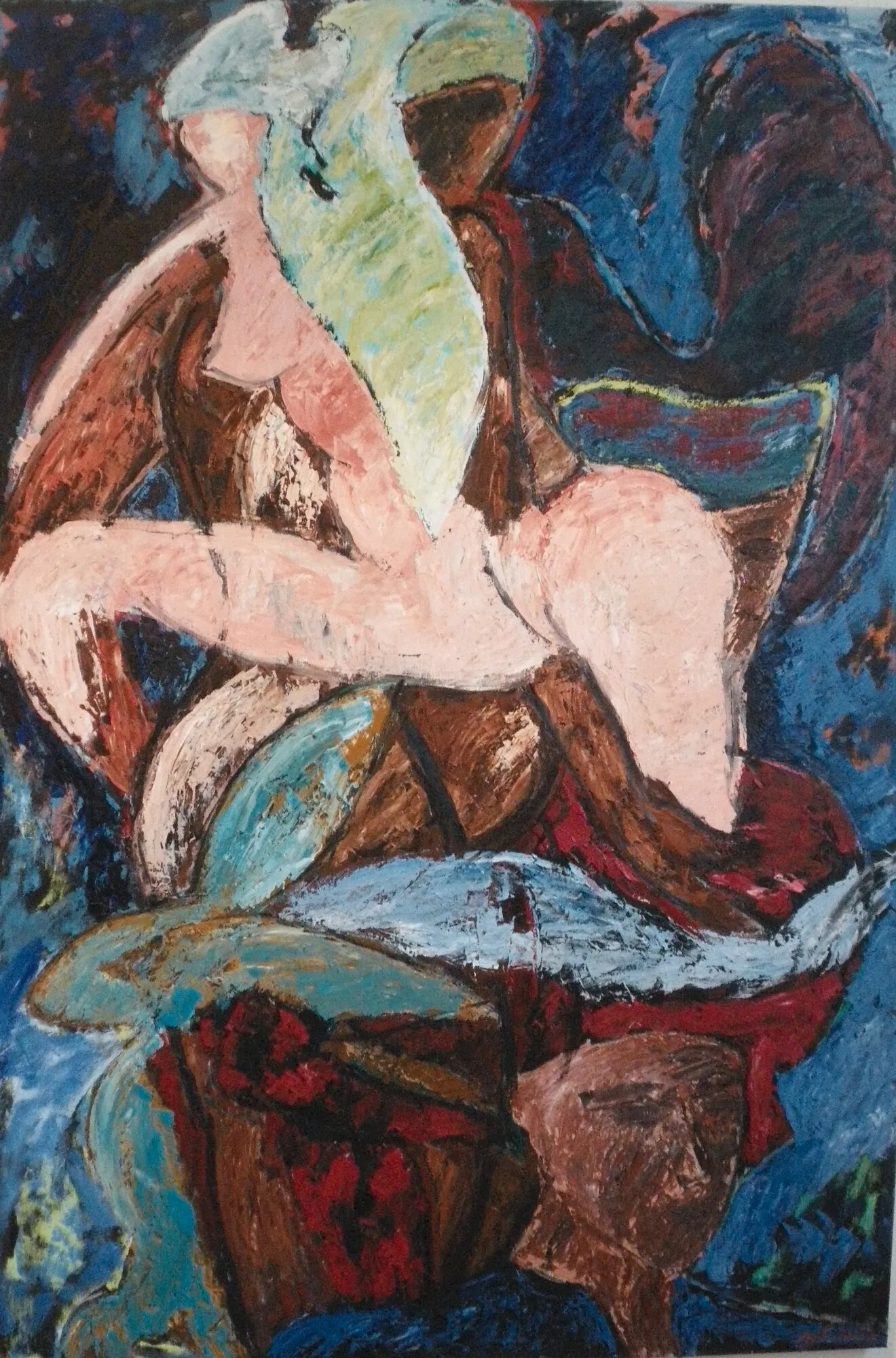 Nu feminin rose au bonnet vert devant un poisson bleu, fond bleu profond et brun, peinture de Marc Sardina