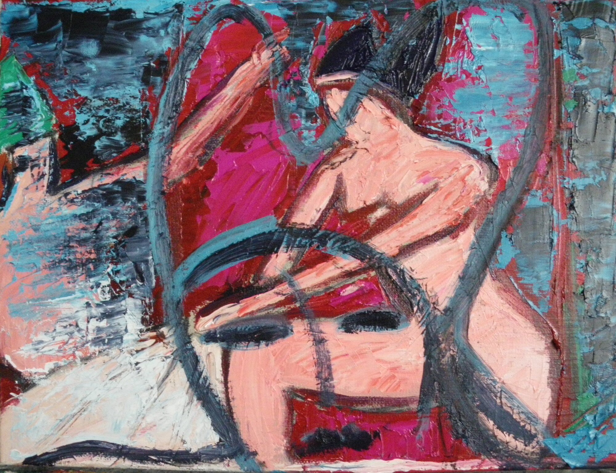 Nu rose assis au-dessus d'un visage aux yeux clos, magenta et bleu gris en pate epaisse, peinture de Marc Sardina