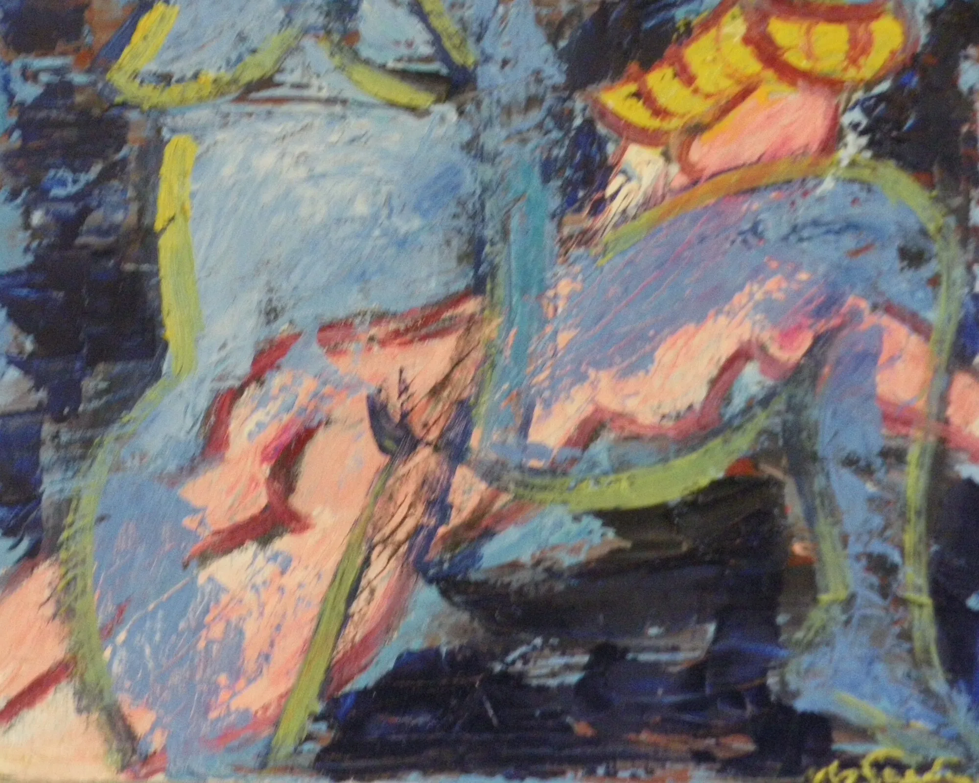 Deux figures bleues cernees de jaune, couronne jaune et rouge, fond bleu nuit, peinture de Marc Sardina