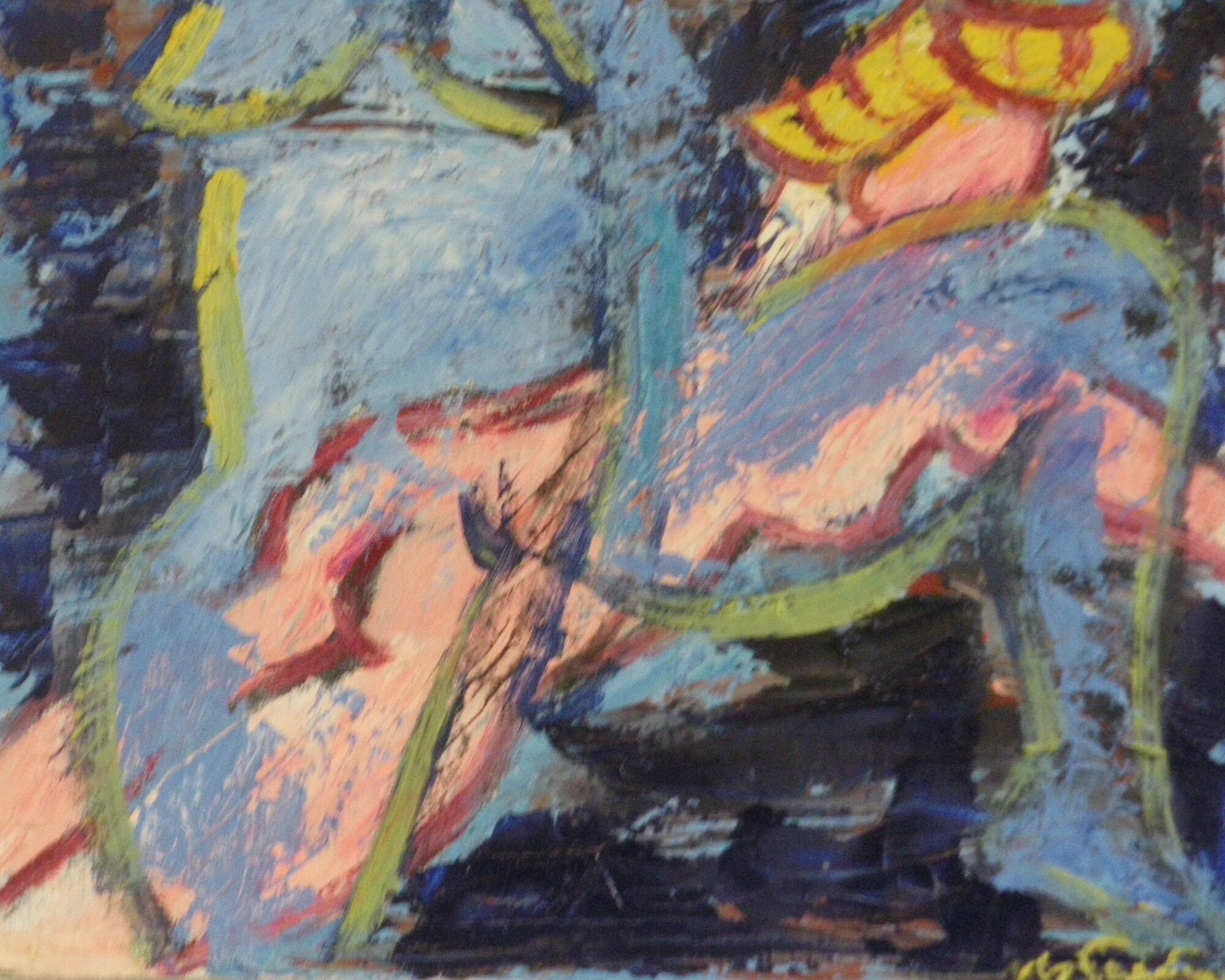 Deux figures bleues cernees de jaune, couronne jaune et rouge, fond bleu nuit, peinture de Marc Sardina