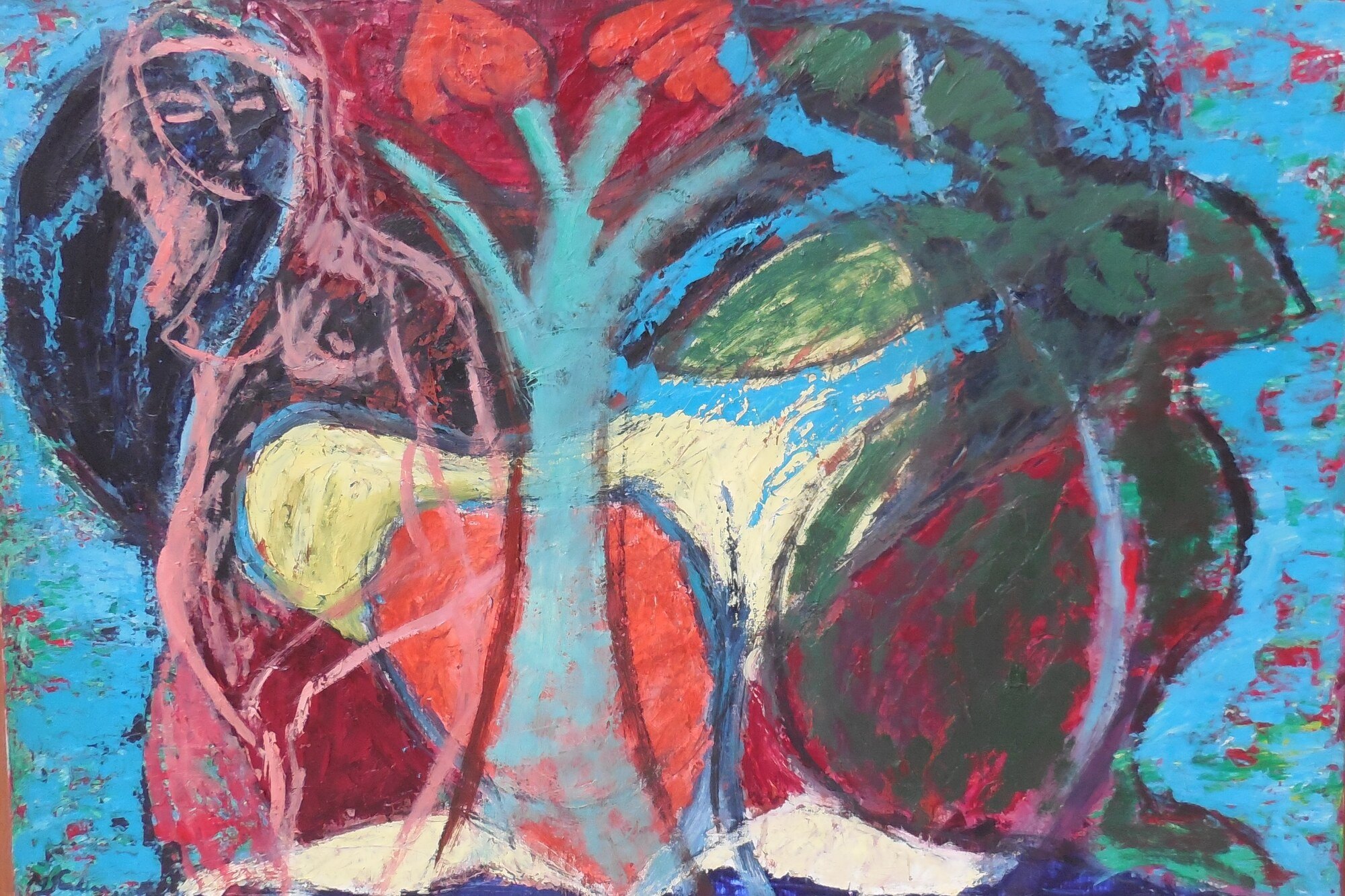 Femme aux cheveux roses pres d'un arbre turquoise au feuillage rouge et vert, fond bleu, peinture de Marc Sardina