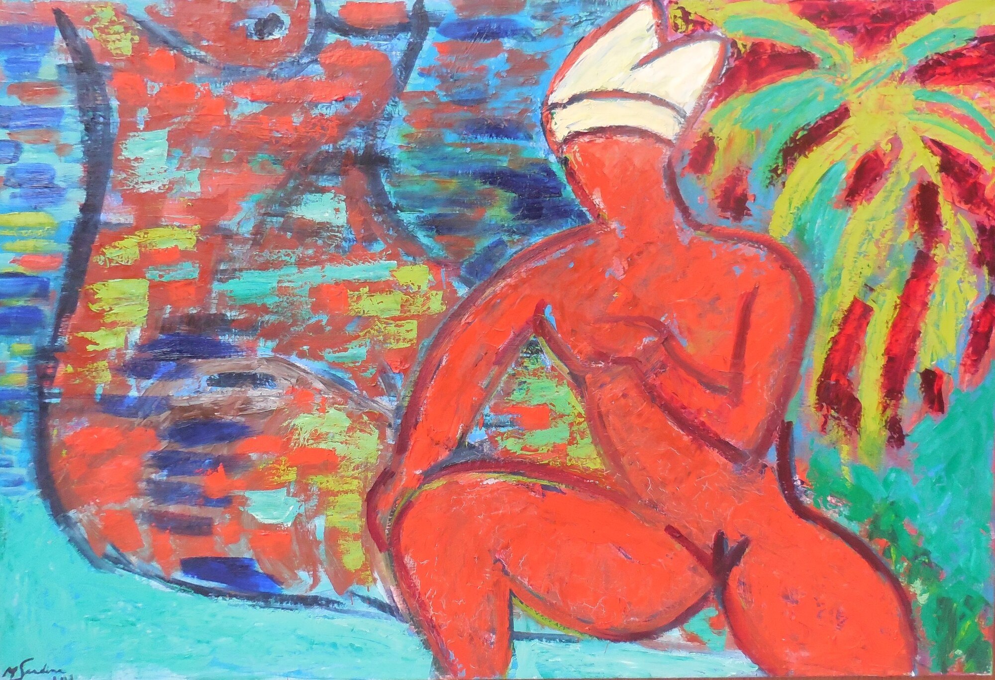 Nu feminin rouge a la coiffe blanche assis devant un palmier, fond bleu mosaique, peinture de Marc Sardina
