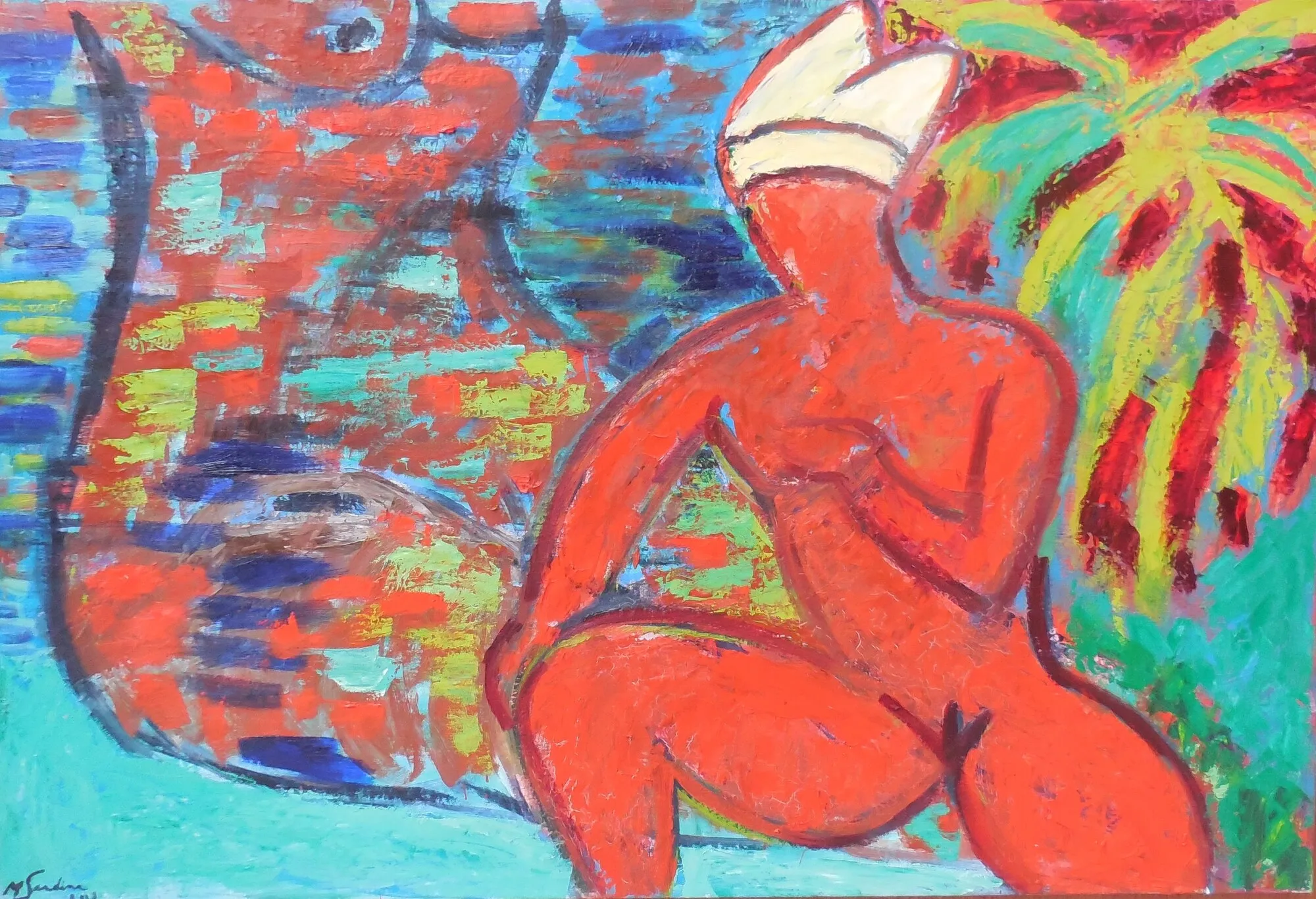 Nu feminin rouge a la coiffe blanche assis devant un palmier, fond bleu mosaique, peinture de Marc Sardina