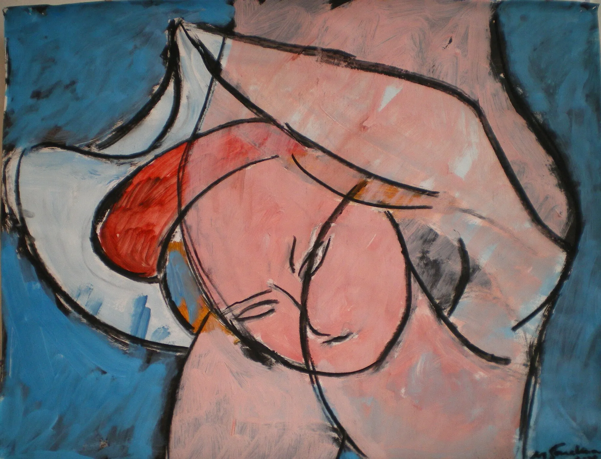 Nu feminin rose au grand hennin blanc sur fond bleu, contours noirs, peinture sur papier de Marc Sardina
