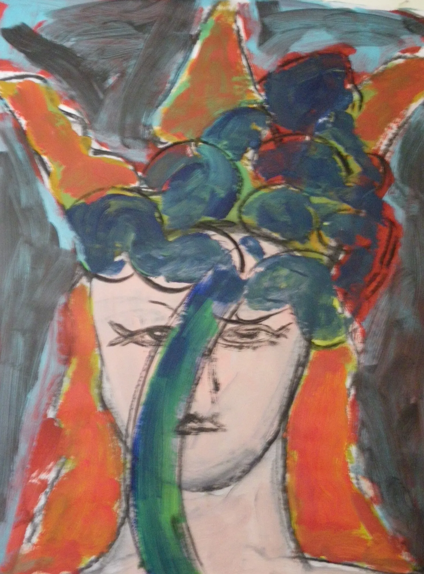 Visage blanc couronne de boucles bleues et de cheveux orange sur fond gris, peinture sur papier de Marc Sardina