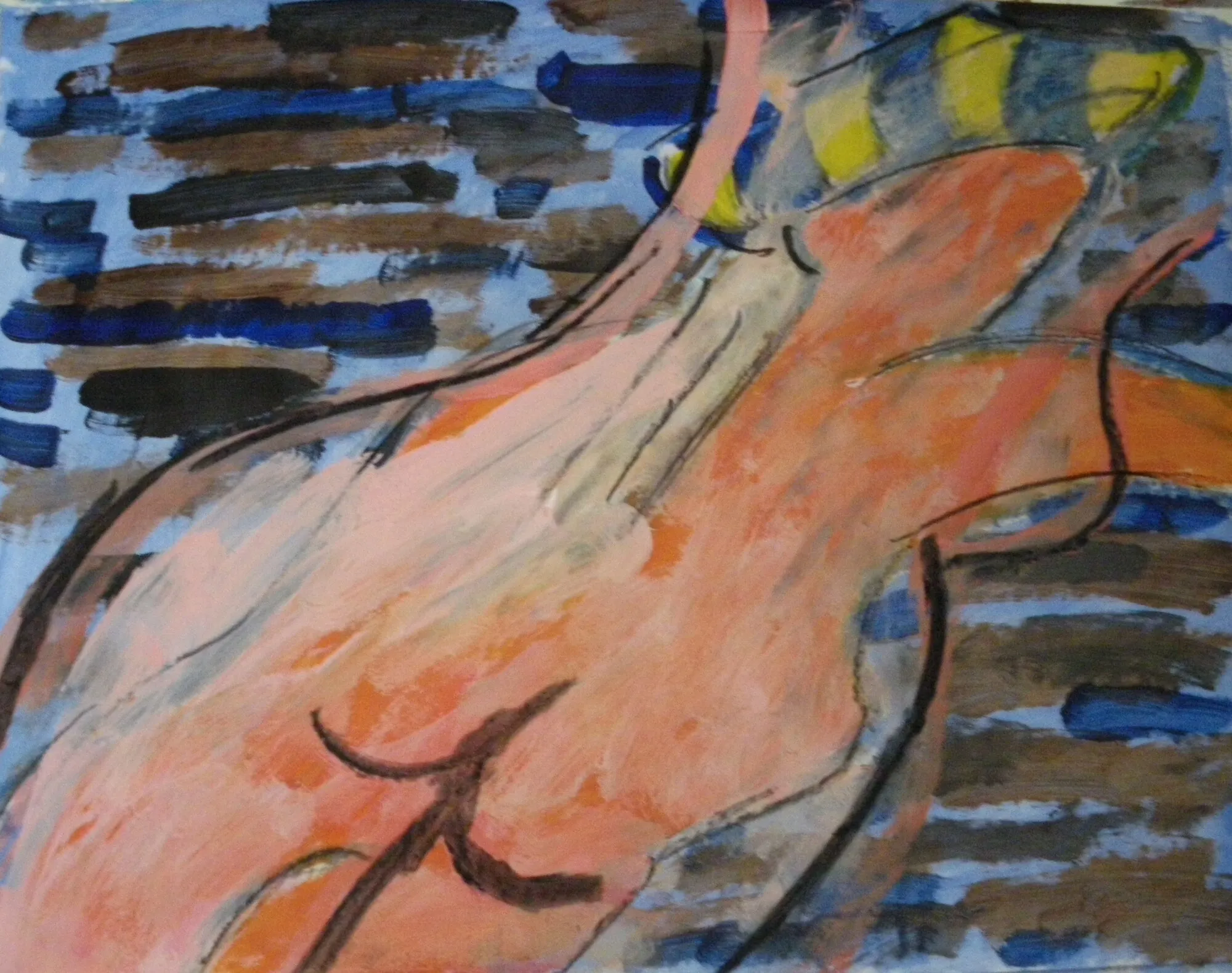 Nu feminin de dos en orange rose au bonnet raye jaune, fond de bandes bleues et brunes, peinture sur papier de Marc Sardina