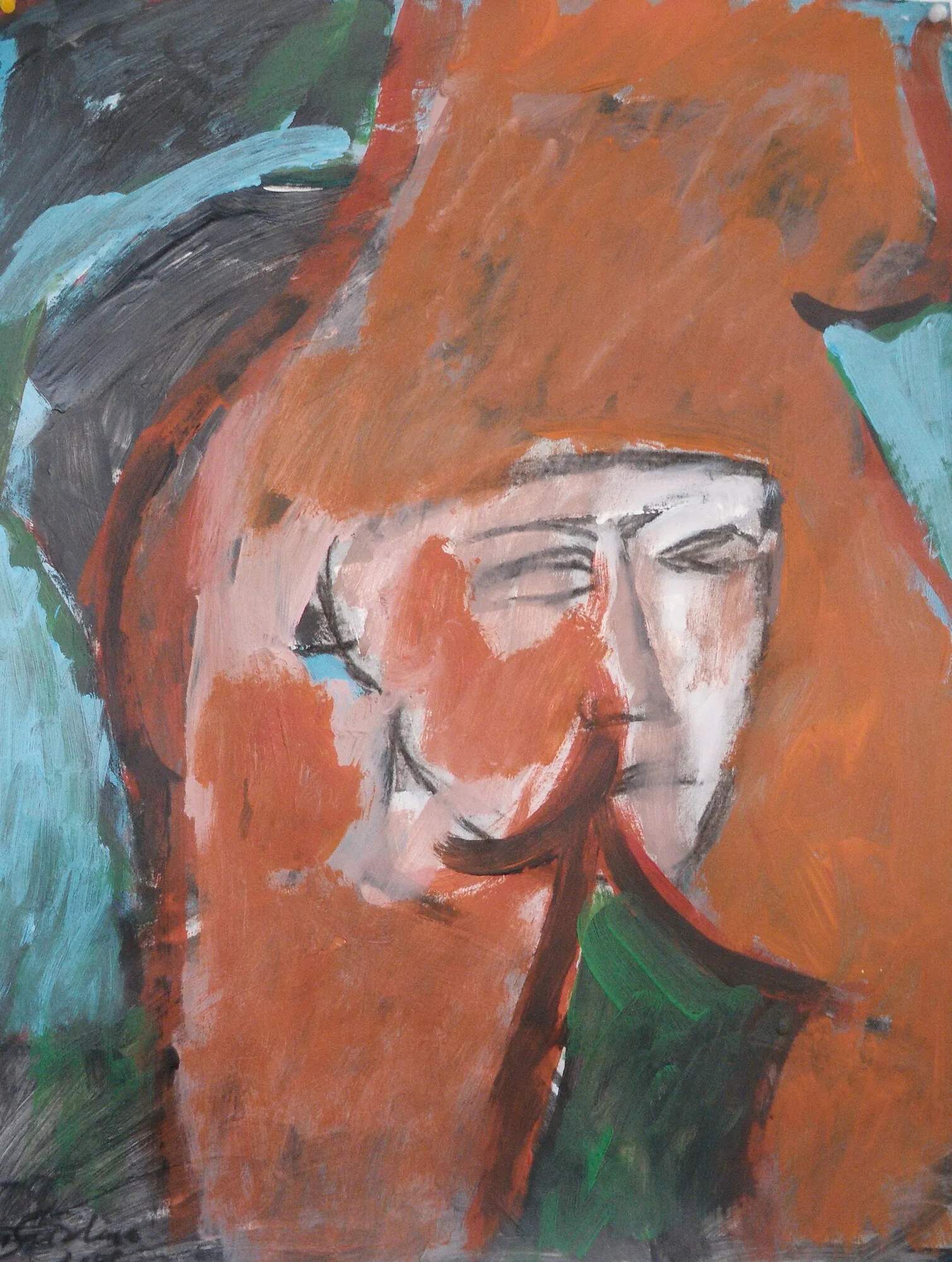 Figure au capuchon orange pointu et visage blanc, fond gris et vert, peinture sur papier de Marc Sardina