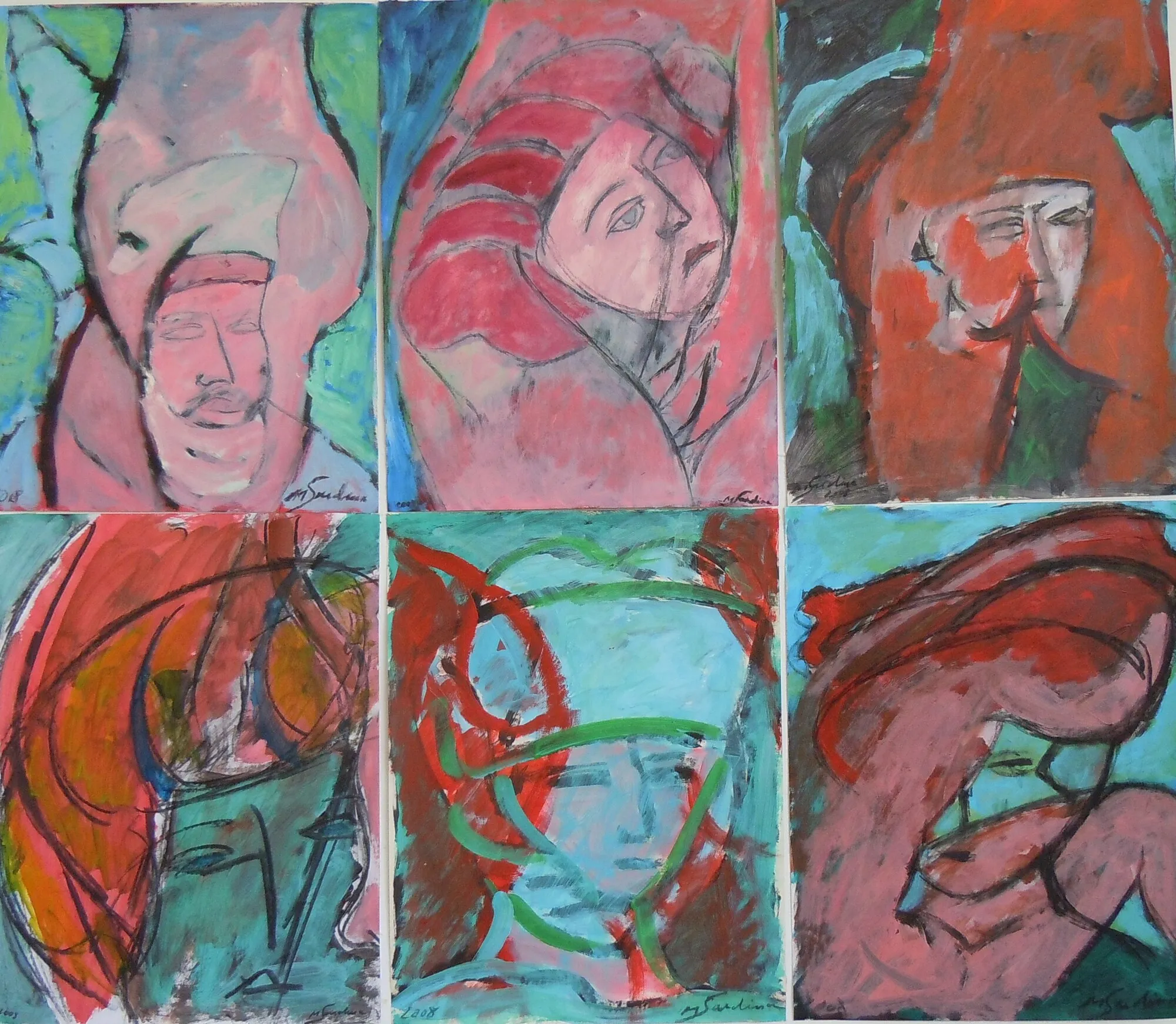 Six portraits sur papier accroches en deux rangees, rose, rouge et vert d'eau, installation de Marc Sardina