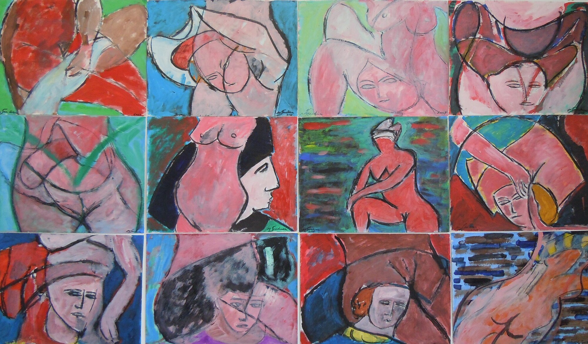 Douze nus et visages sur papier accroches en trois rangees, rose et rouge sur bleu et vert, installation de Marc Sardina