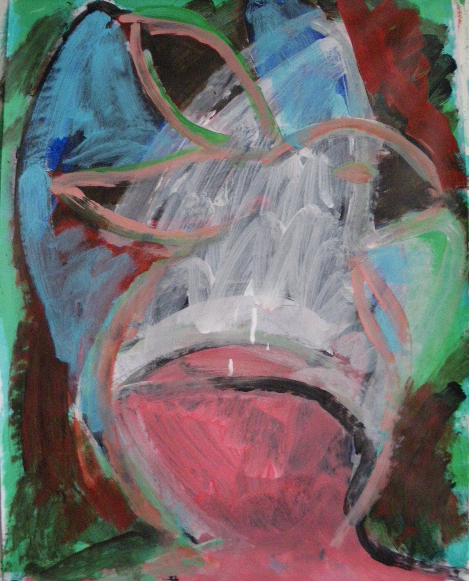 Tete schematique bleue et blanche a la bouche rouge sur fond vert et brun, peinture sur papier de Marc Sardina