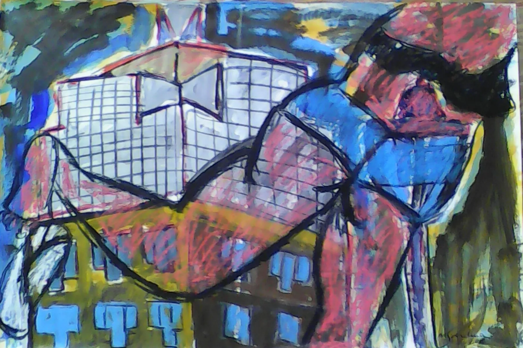 Femme nue rose allongee sur des immeubles quadrilles de New York, bleu, jaune et noir, oeuvre sur papier de Marc Sardina