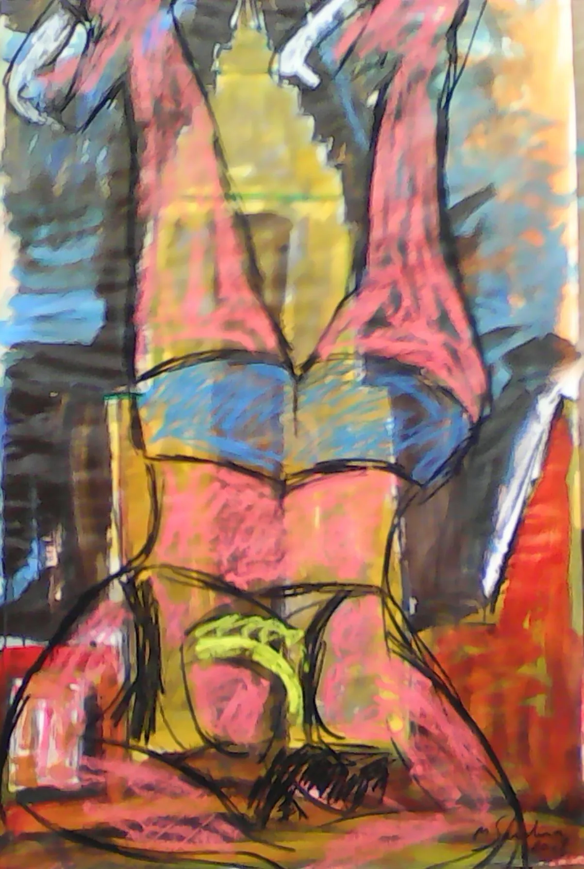 Figure rose renversee tete en bas en short bleu devant une tour jaune et un ciel bleu nuit, oeuvre sur papier de Marc Sardina