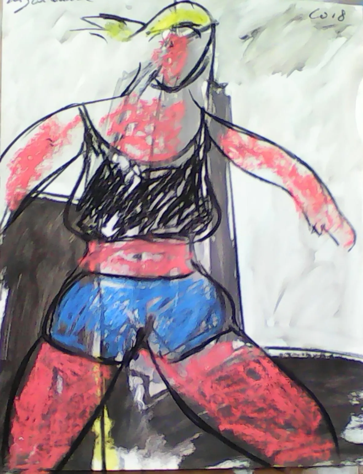 Femme en debardeur noir et short bleu, jambes rouges, marchant sur fond gris et blanc, dessin au pastel de Marc Sardina