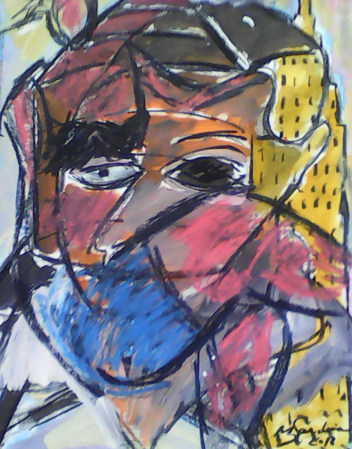 Visage facette rouge, brun et bleu sous une casquette noire, gratte-ciel jaune a droite, oeuvre sur papier de Marc Sardina