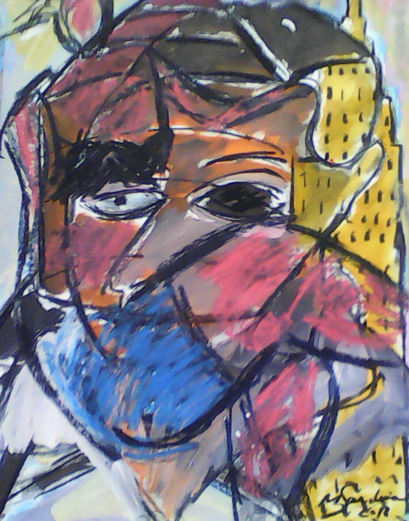 Visage facette rouge, brun et bleu sous une casquette noire, gratte-ciel jaune a droite, oeuvre sur papier de Marc Sardina