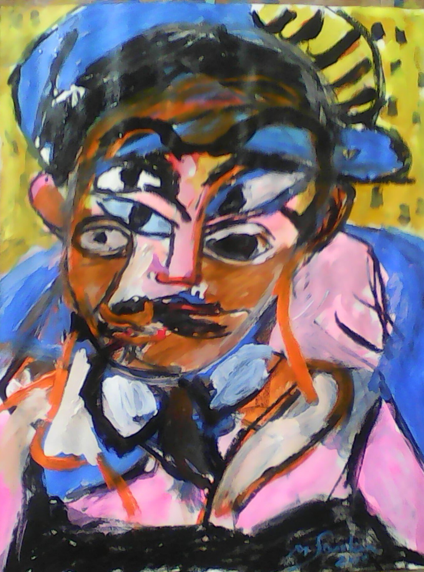 Homme moustachu a la casquette bleue et veste rose sur fond jaune, portrait aux couleurs vives de Marc Sardina