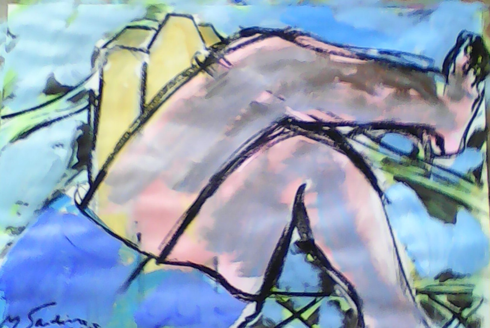Femme nue allongee sur un immeuble jaune sous un ciel bleu lave, lavis sur papier de Marc Sardina