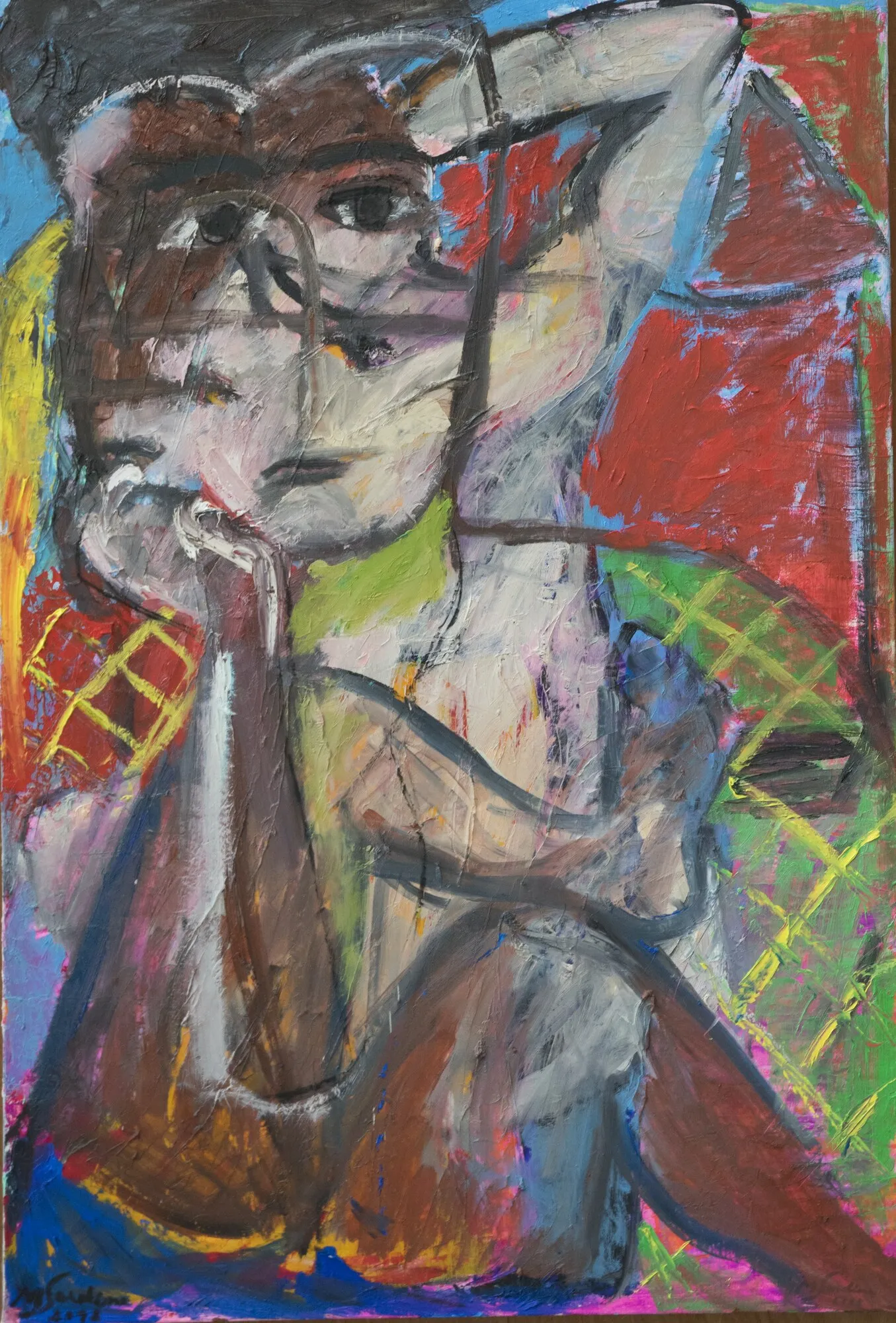 Femme pensive la main sous le menton, fond rouge, vert et bleu raye de grilles jaunes, peinture de Marc Sardina