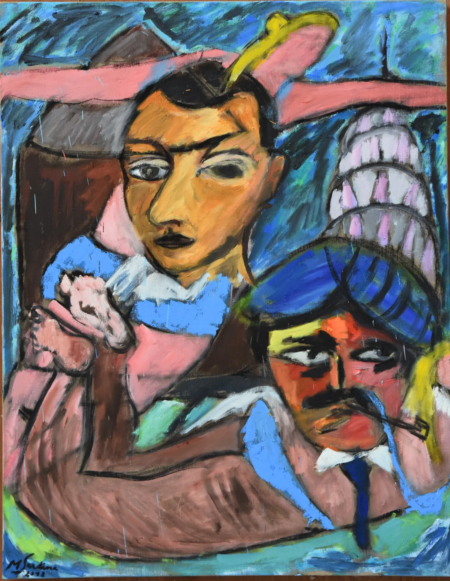Femme au chapeau rose et homme au turban bleu fumant la pipe devant le Chrysler Building, ciel bleu nuit, peinture de Marc Sardina