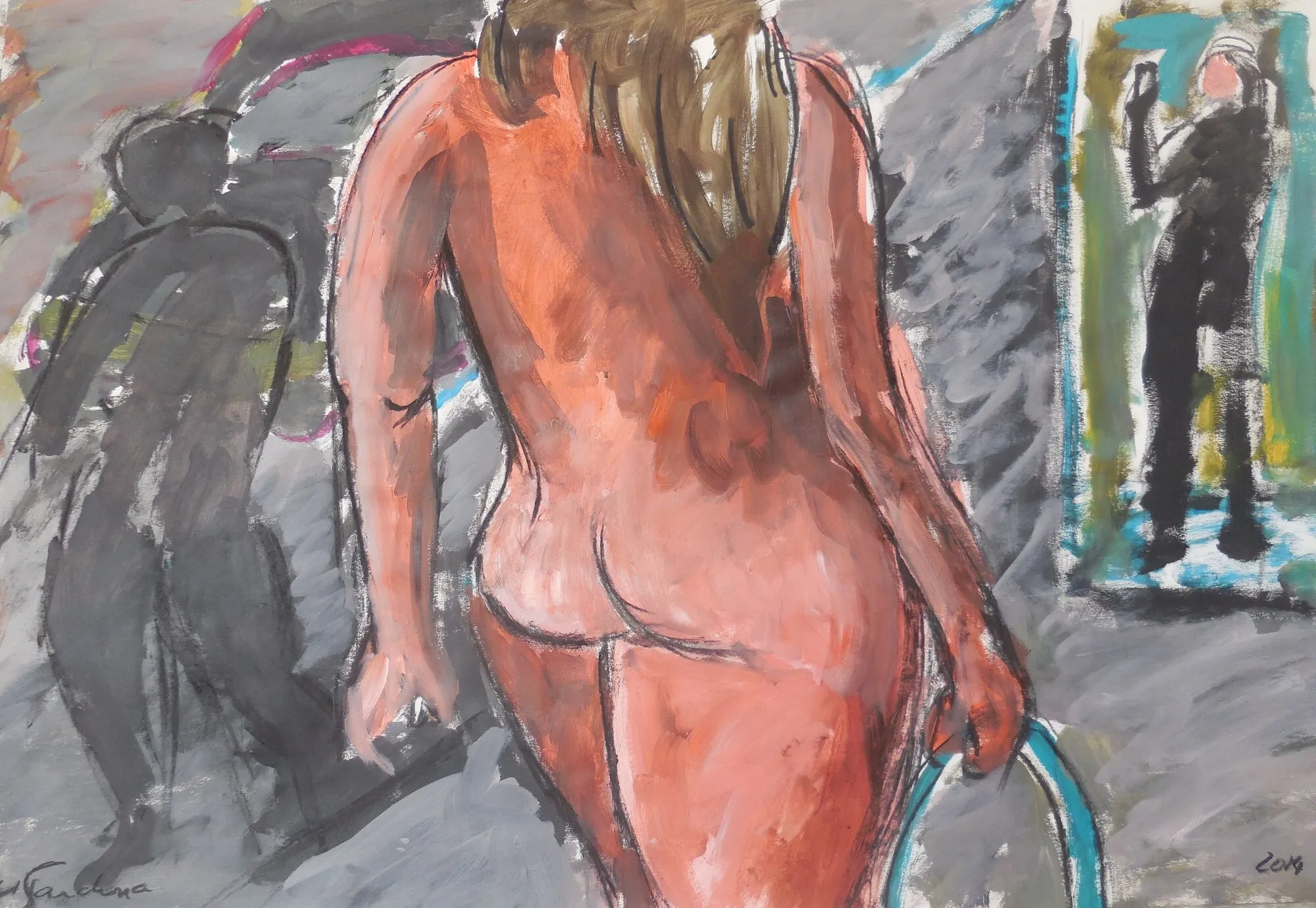 Nu feminin de dos aux cheveux blonds tenant un cerceau turquoise, fond gris et silhouettes noires, peinture de Marc Sardina