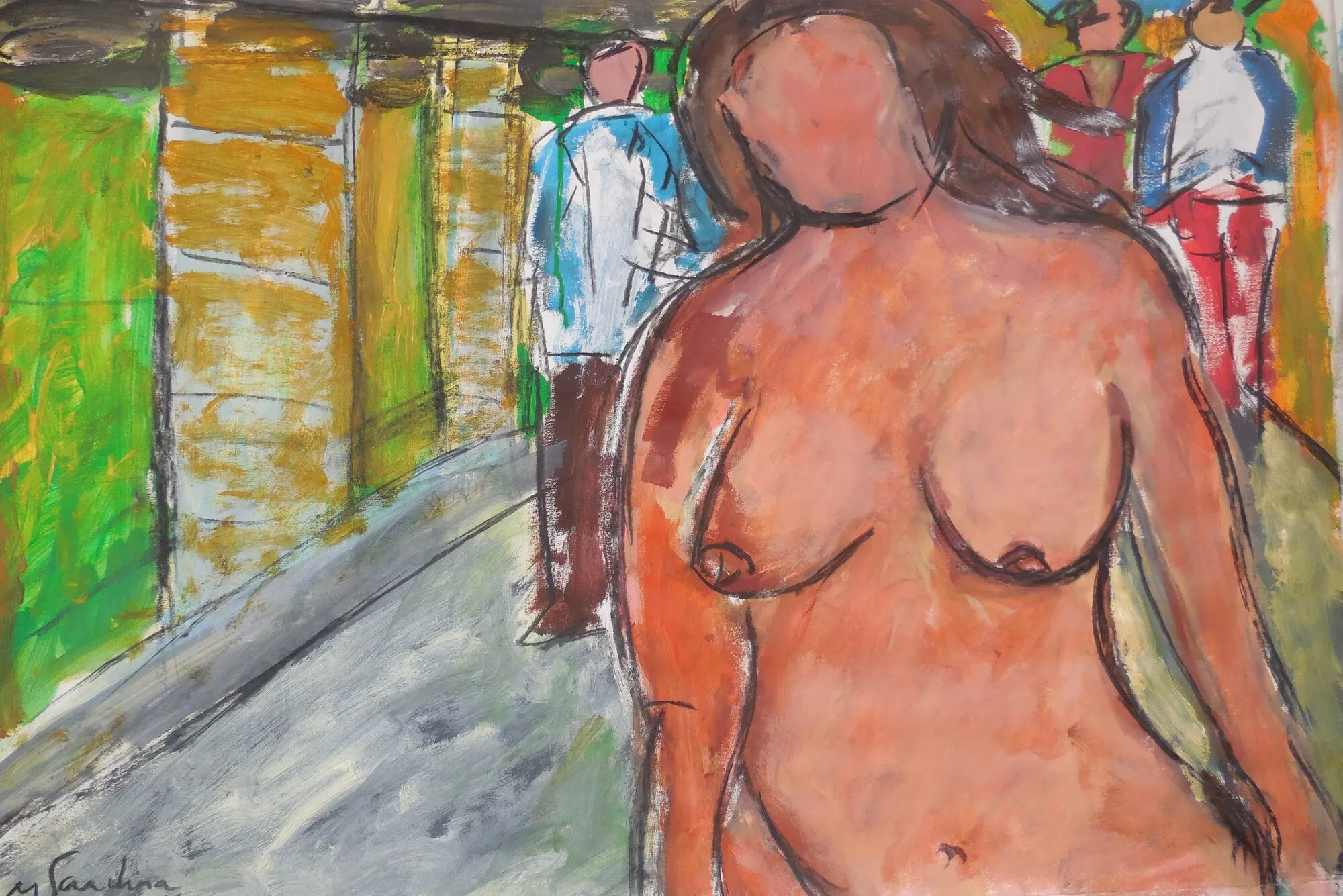 Buste de femme nue dans une rue aux facades ocre et vertes, passants en bleu et rouge, peinture de Marc Sardina