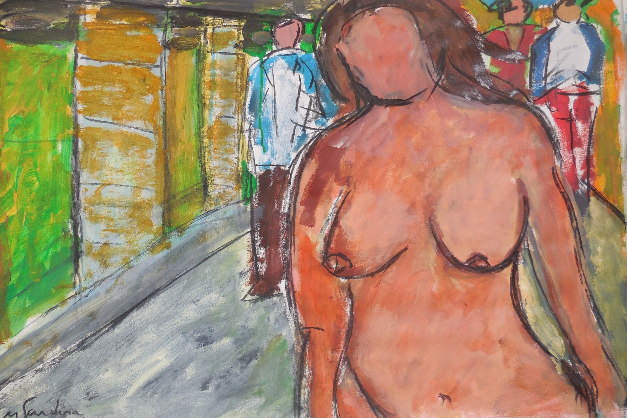 Buste de femme nue dans une rue aux facades ocre et vertes, passants en bleu et rouge, peinture de Marc Sardina