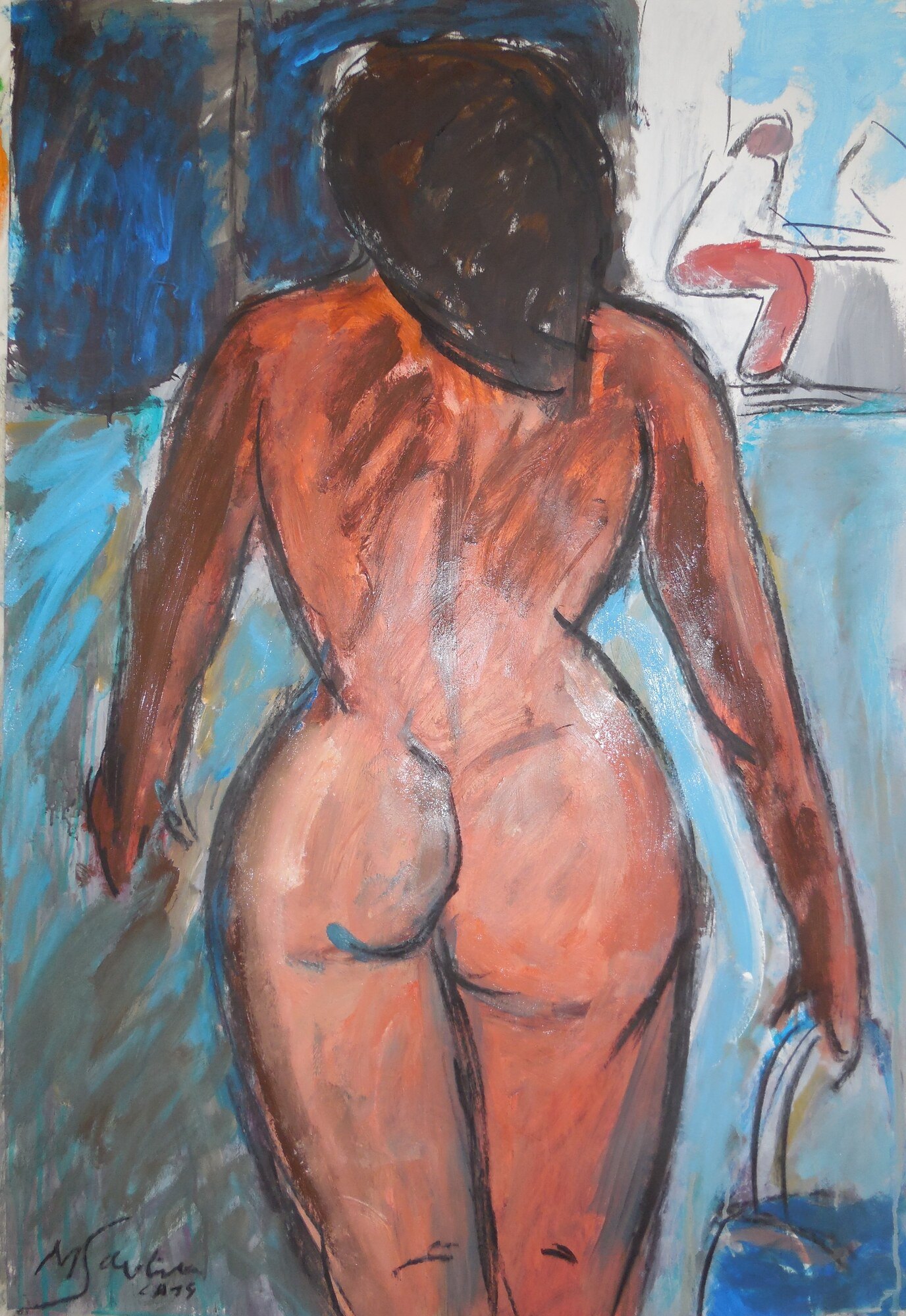Nu feminin de dos aux cheveux noirs portant un seau bleu, fond bleu outremer et turquoise, peinture de Marc Sardina