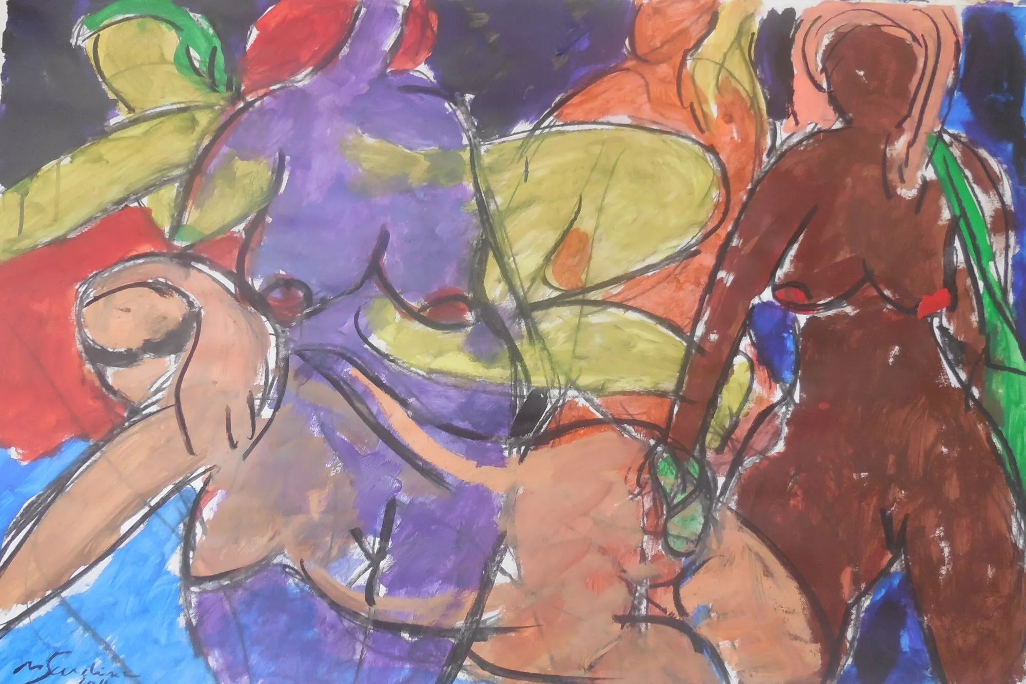Nus feminins entremeles sur fond violet, jaune, rouge et bleu, trait noir rapide, peinture de Marc Sardina