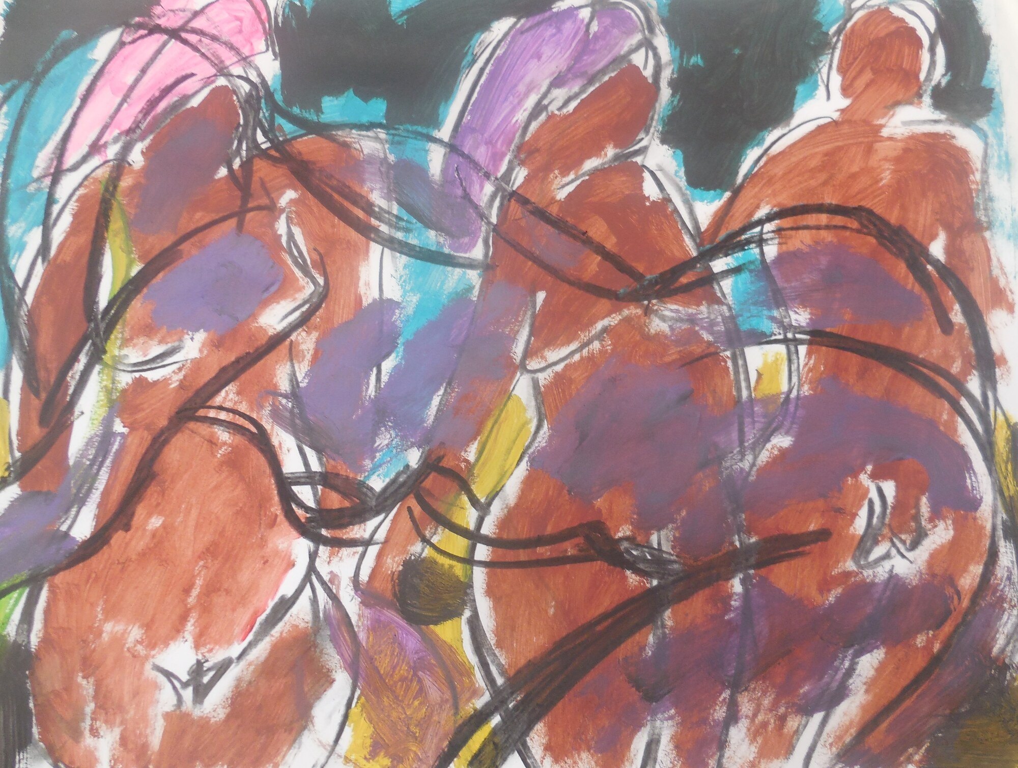 Trois nus bruns de dos traverses de traits noirs et de taches violettes, fond turquoise, peinture de Marc Sardina
