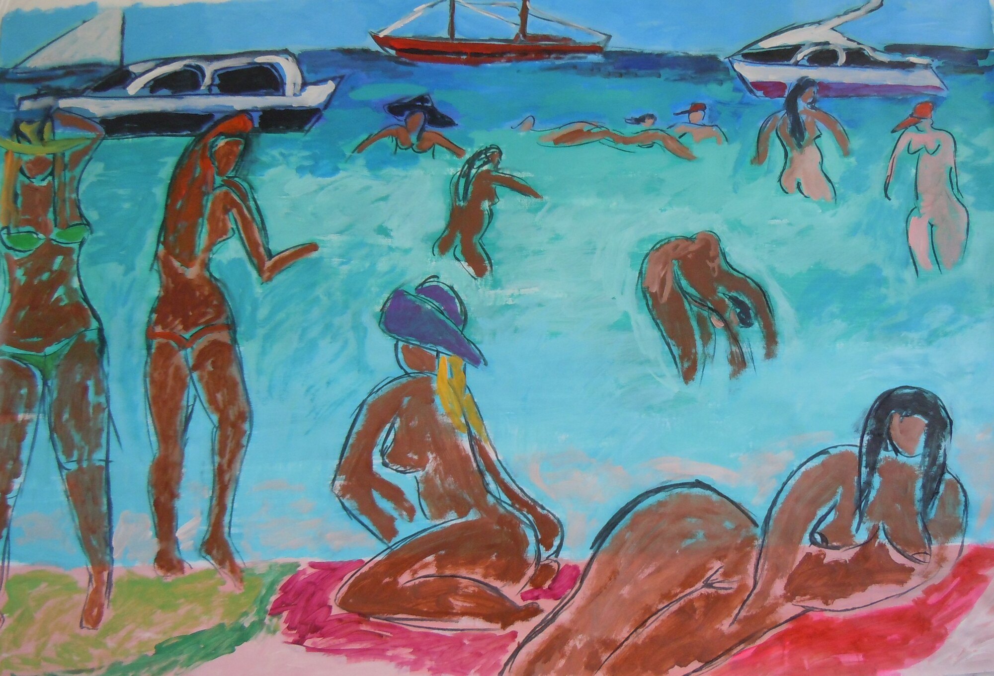 Baigneuses nues sur une plage turquoise devant trois yachts blancs, chapeau violet et serviette rose, peinture de Marc Sardina