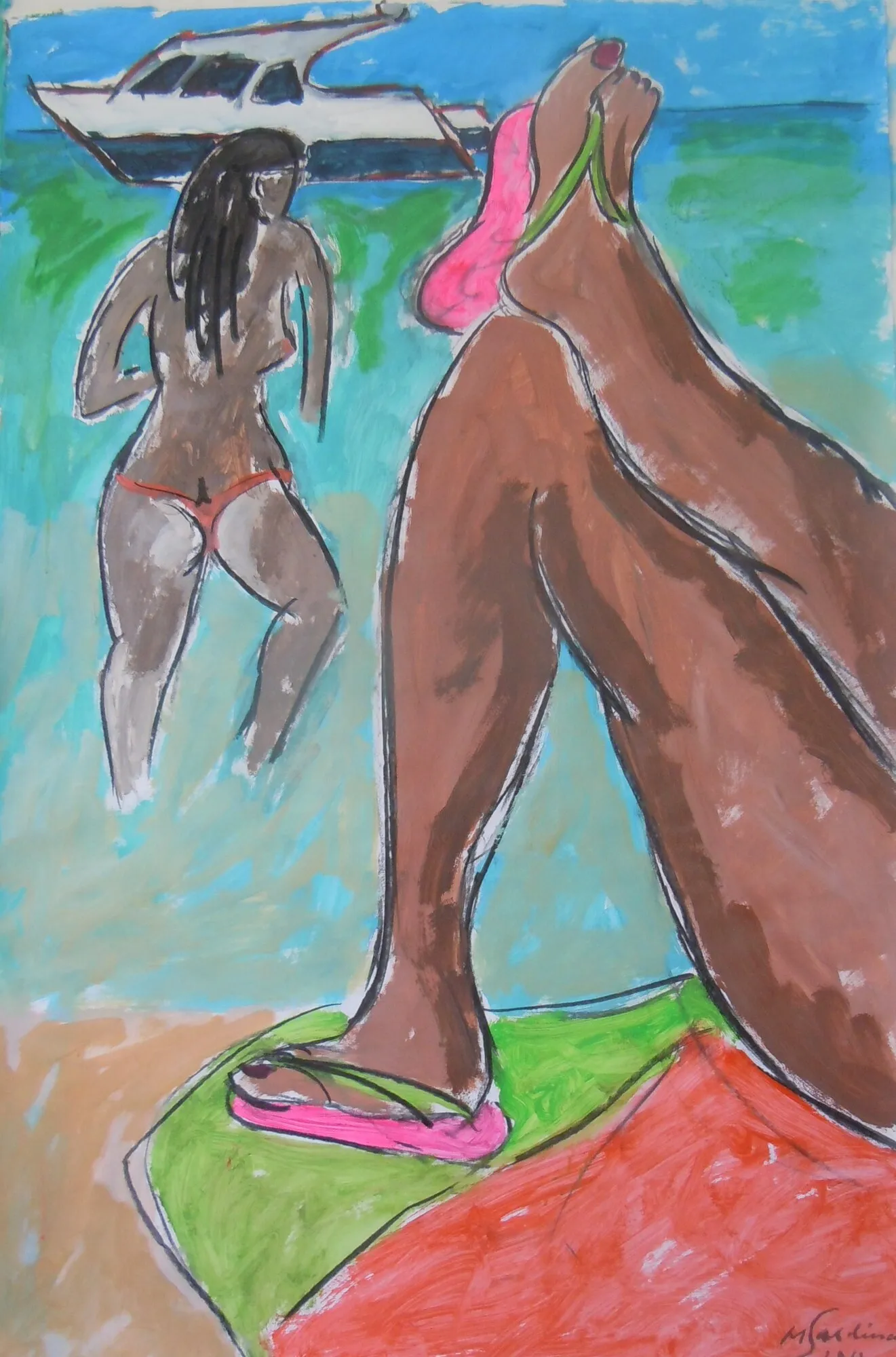 Jambes brunes croisees d'une femme allongee, baigneuse de dos et yacht blanc sur mer turquoise, peinture de Marc Sardina