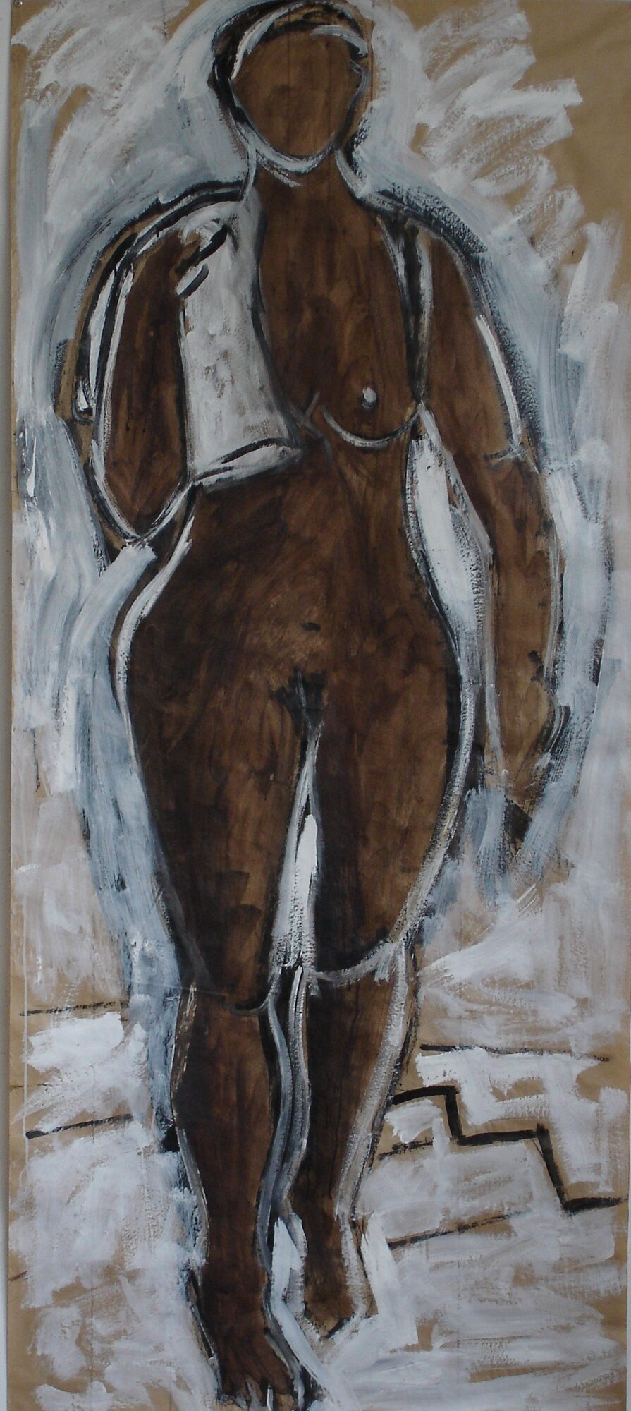 Nu feminin debout de face en lavis brun sur papier kraft, rehauts blancs, peinture de Marc Sardina