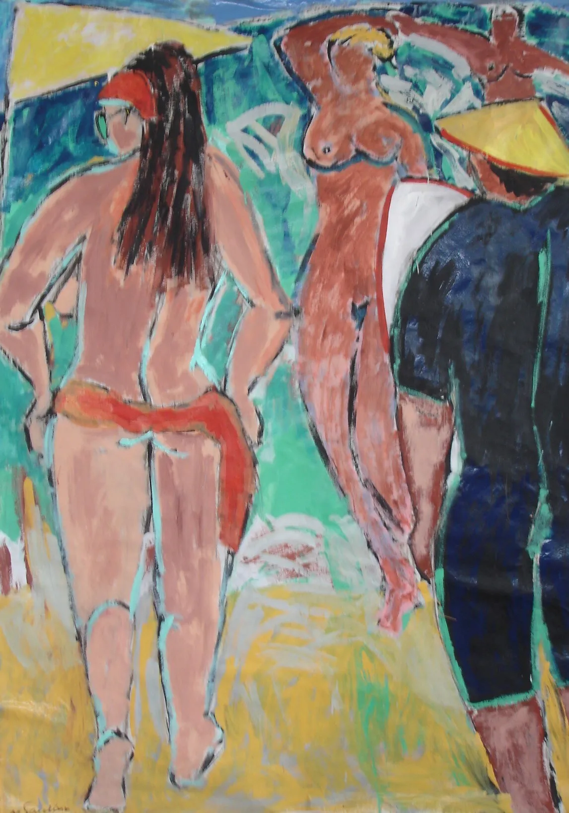 Baigneuse nue de dos au bandeau rouge et cheveux noirs, figure au chapeau jaune, fond turquoise et bleu, peinture de Marc Sardina
