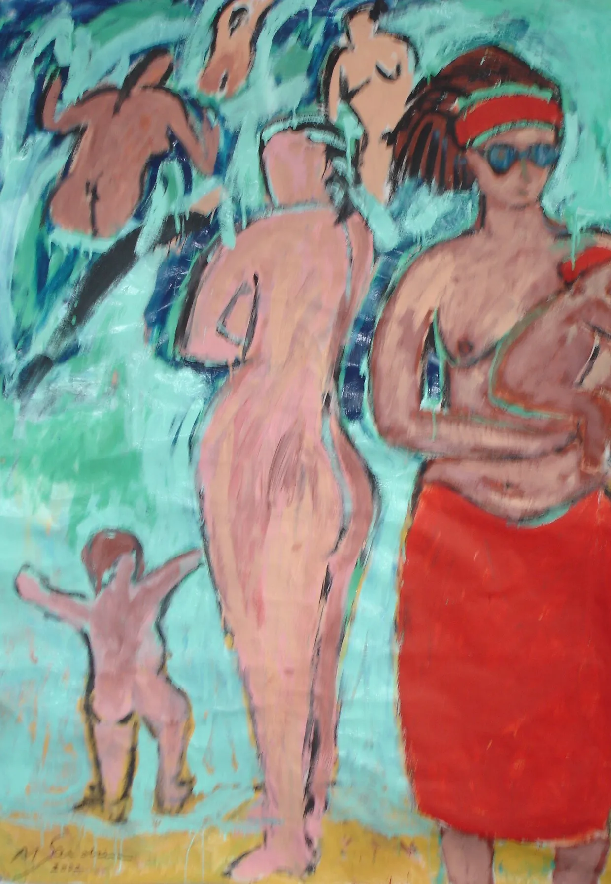 Femme en pareo rouge tenant un enfant, nu rose de dos et nageurs sur fond vert d'eau, peinture de Marc Sardina